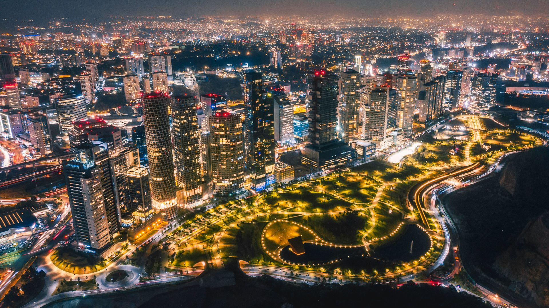 aerial view of city buildings during night time