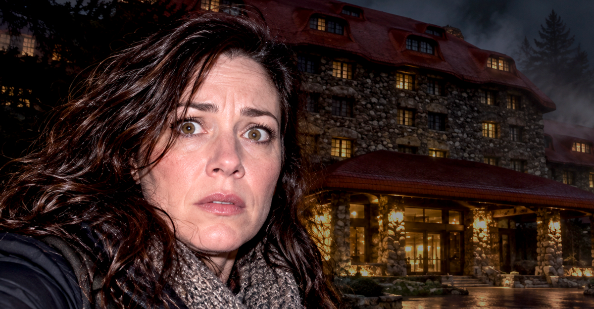 Nervous woman at night in front of the Omni Grove Park Inn in North Carolina