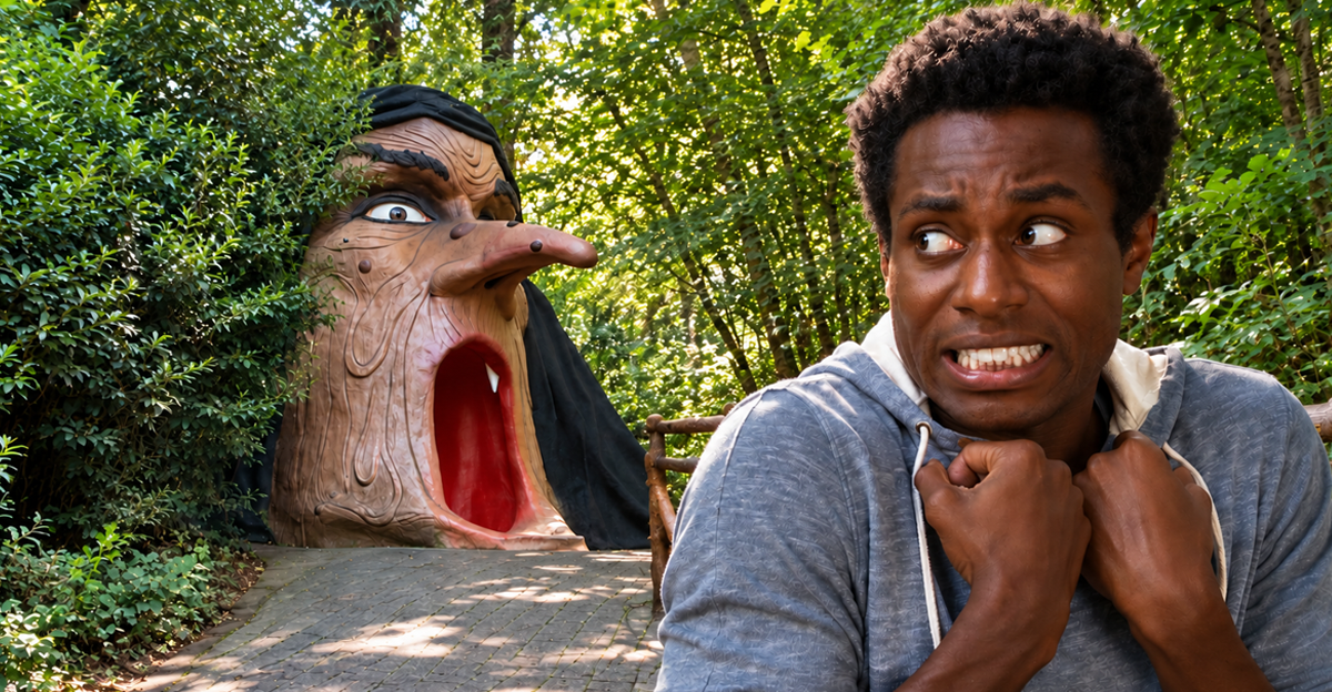 AI-generated image of a man next to the Witch’s Head attraction at The Enchanted Forest in Oregon