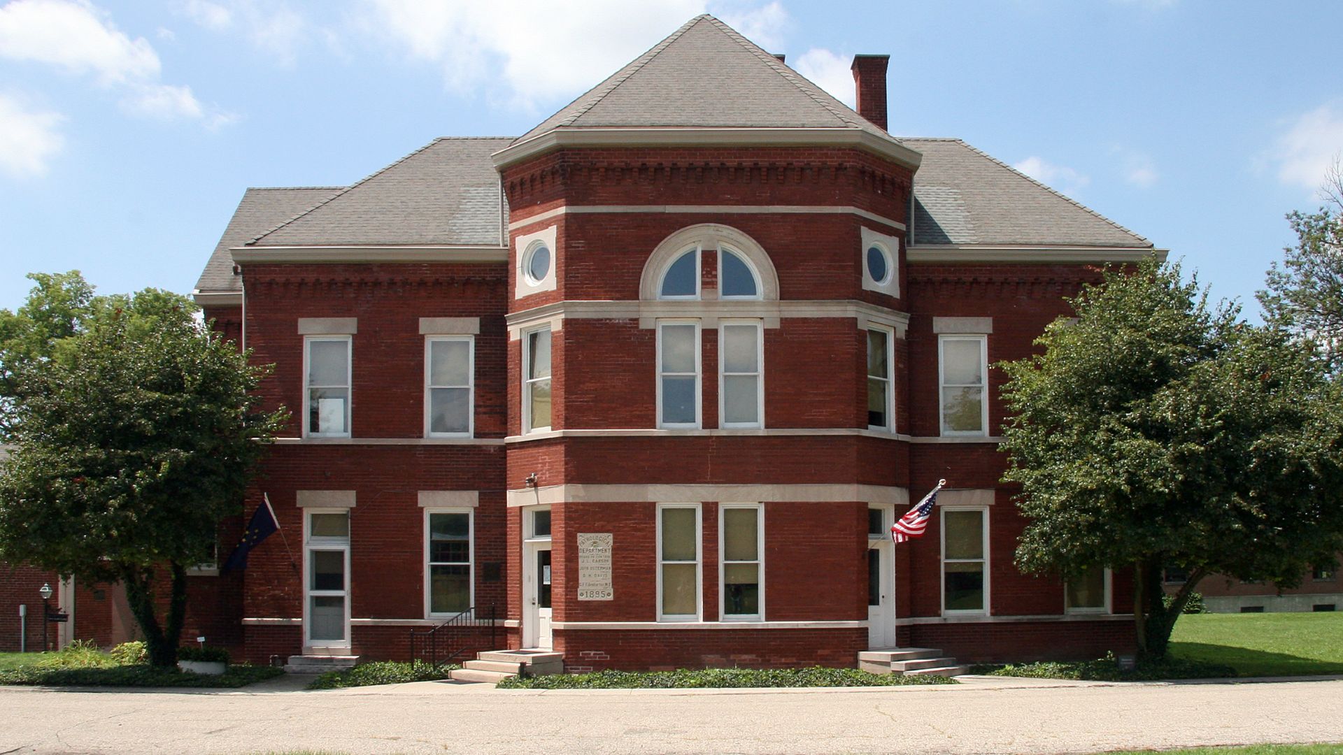 Looking west toward the front of the Indiana Medical History Museum in Indianapolis, Indiana, formerly the Pathology Building of the Central State Hospital.
