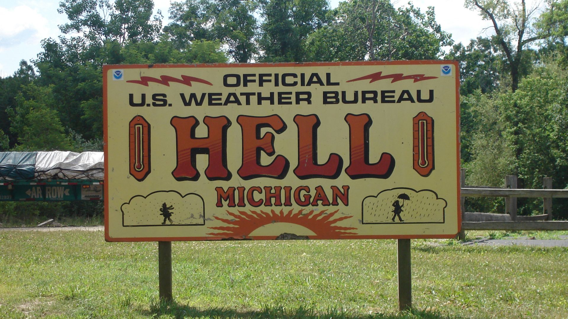 Sign on County highway D-32 in Hell, Michigan, United States, locating the official U.S. weather station in Hell. Sign depicted is a public domain work of the U.S. Government, image released under CC-BY-SA-3.0 license, attribute to