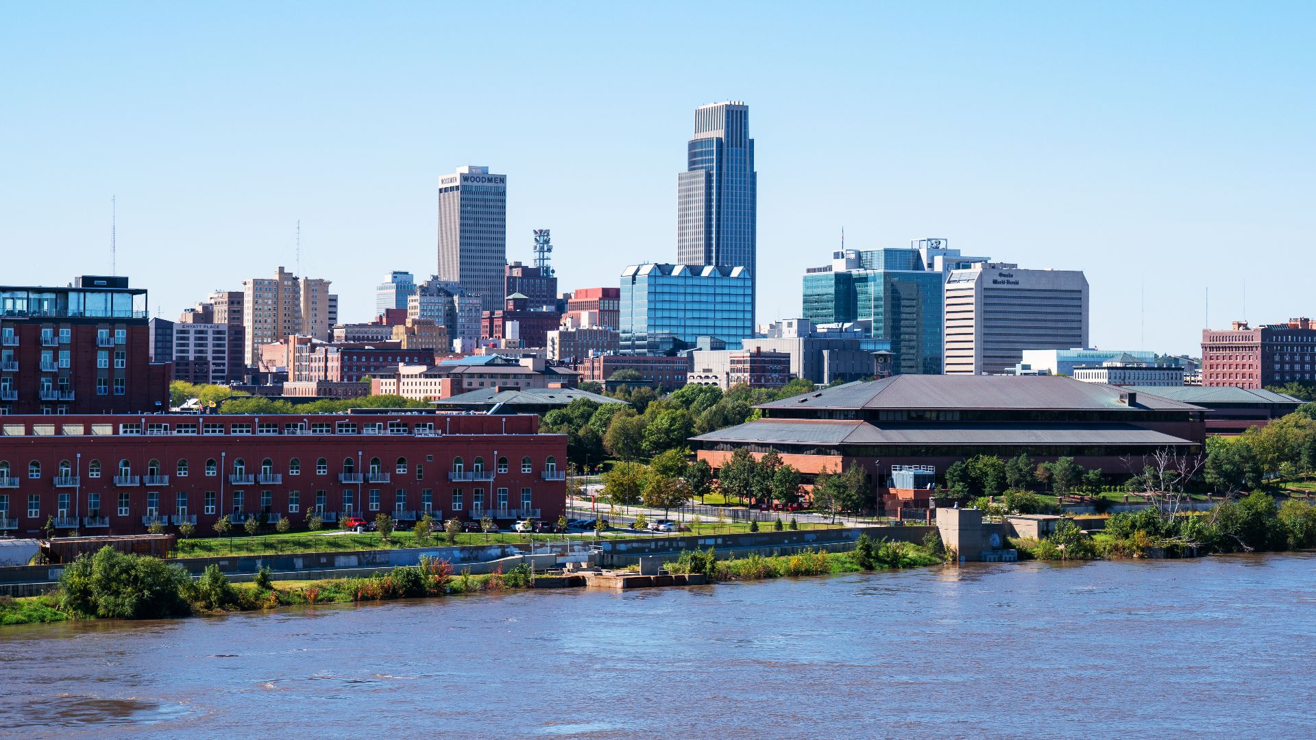 The downtown skyline in Omaha, Nebraska, as seen from across the Missouri River in Council Bluffs, Iowa.

/sim