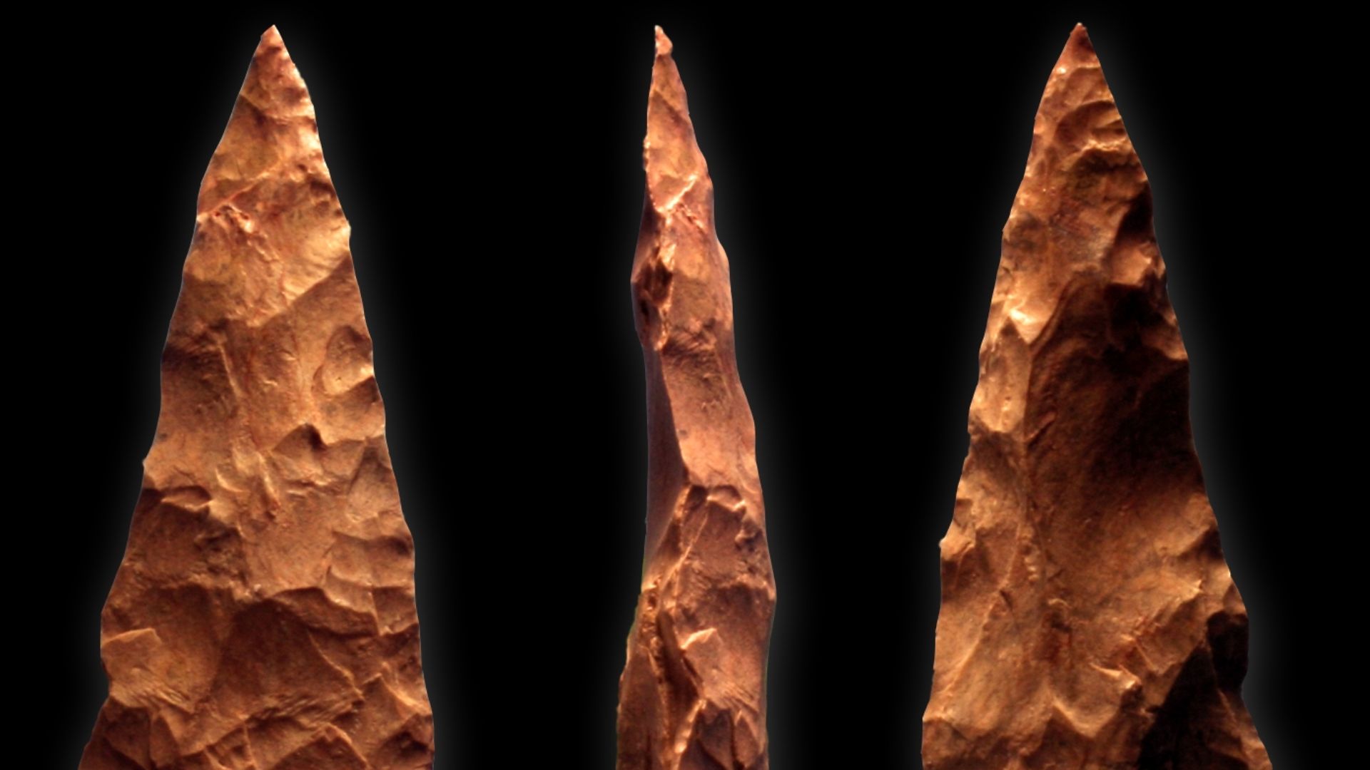 Bifacial silcrete point from M1 phase (71,000 BCE) layer of Blombos Cave, South Africa; scale bar = 5 cm
