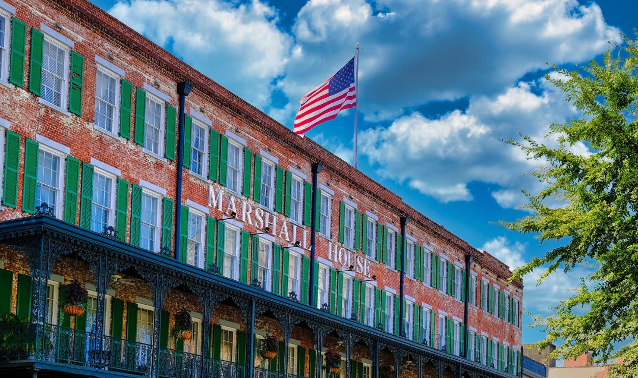 SAVANNAH, GEORGIA - October 20, 2021: Marshall House is one of the six Historic Inns of Savannah which were built in the mid 1800s. In 1864, it was occupied by Union troops as a hospital