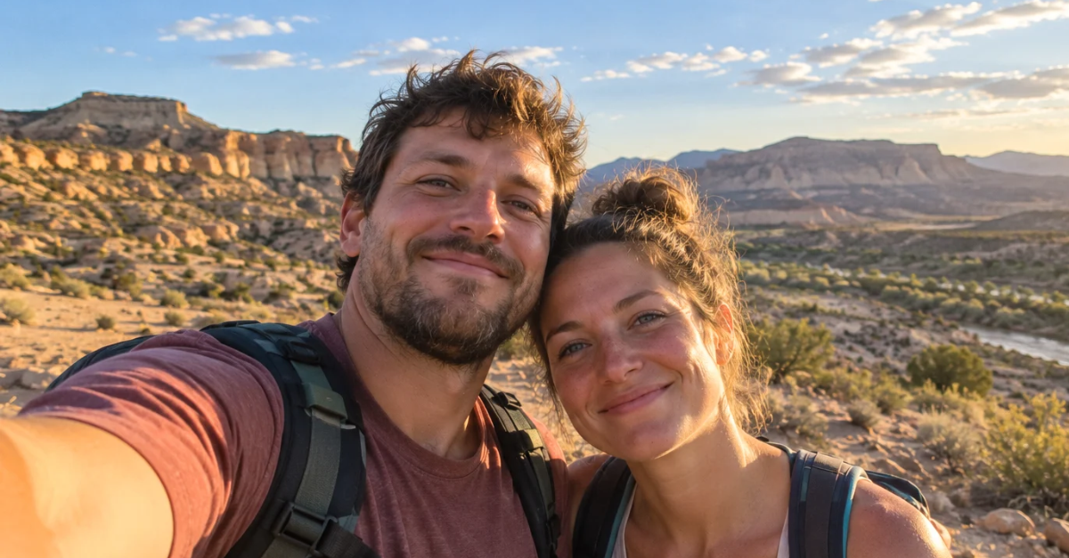 Travelers taking a selfie in the desert.