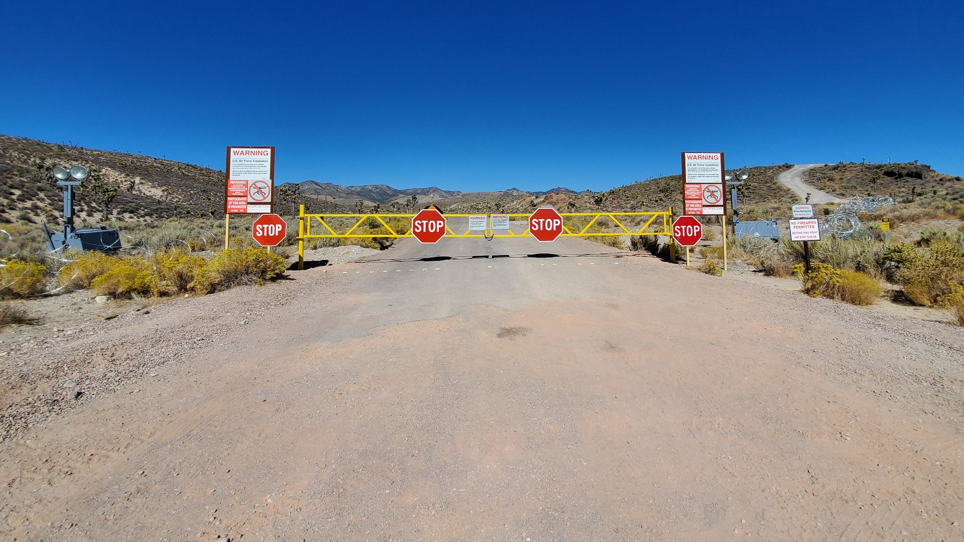 The main gate of Area 51, the United States Air Force Nellis Testing Range in Lincoln County, Nevada.