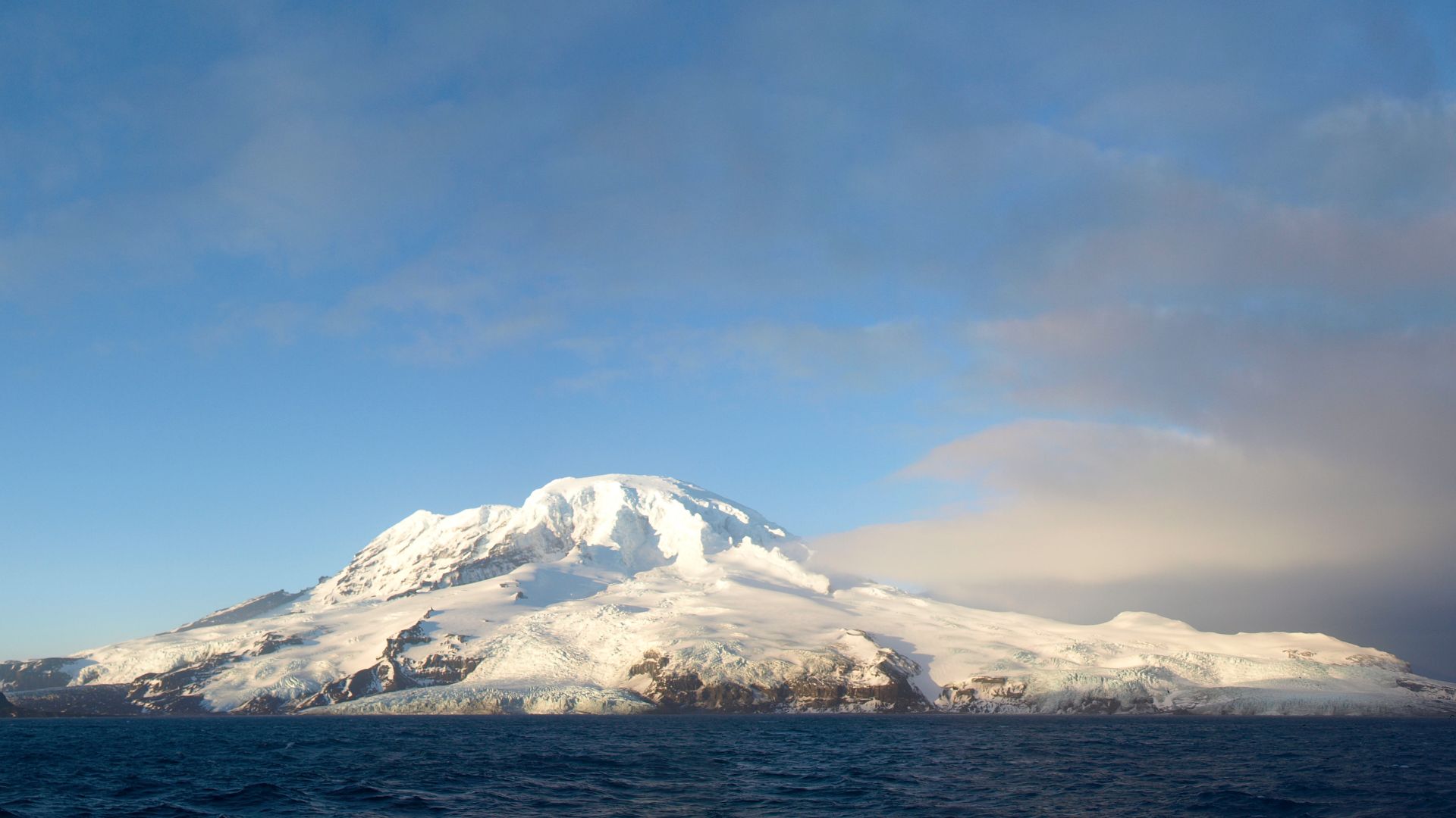 Heard Island from a boat facing southwest from approximately the Shag Islets.