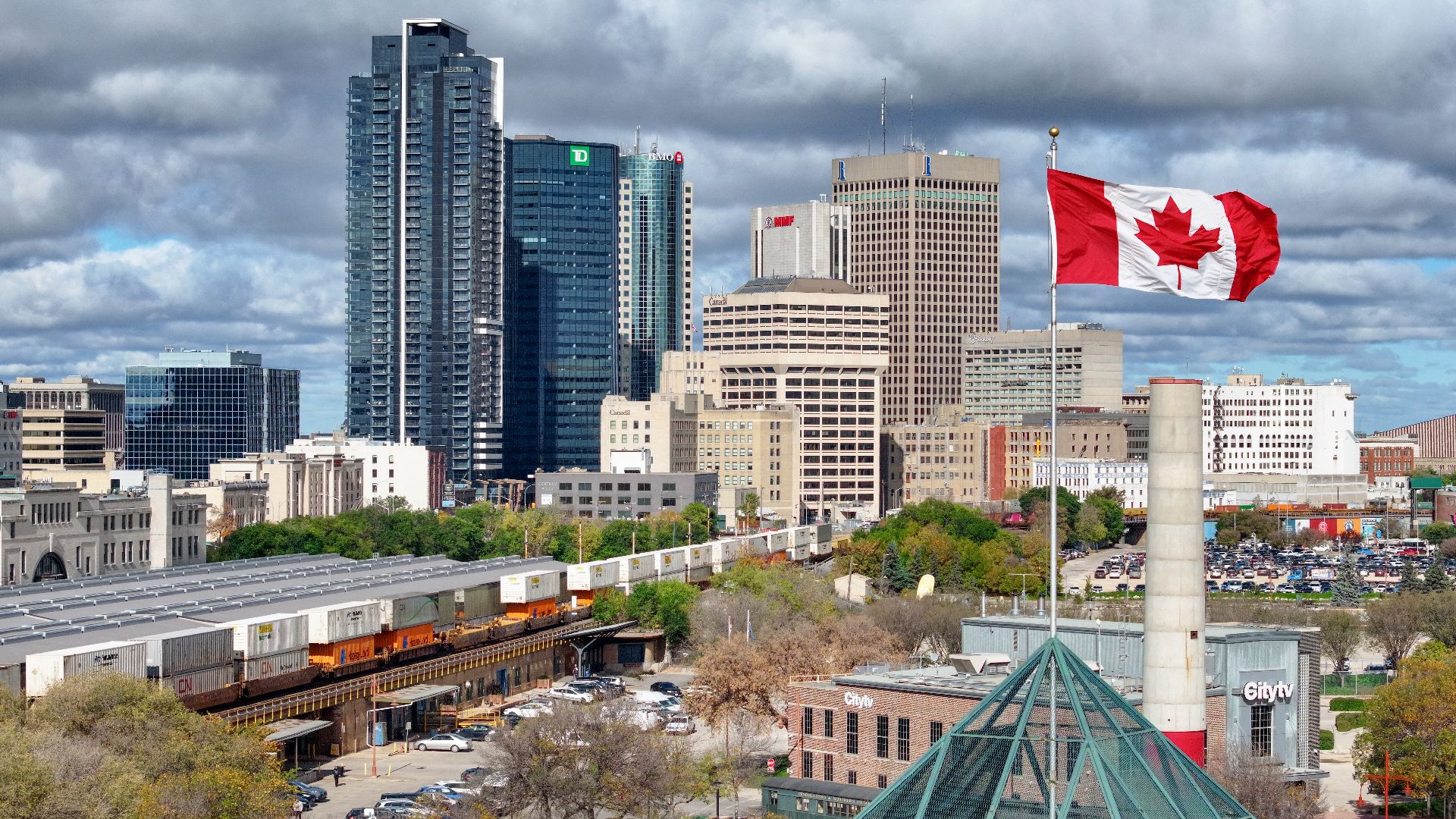 The skyline of Winnipeg, Manitoba, Canada, taken from The Forks in October 2025.