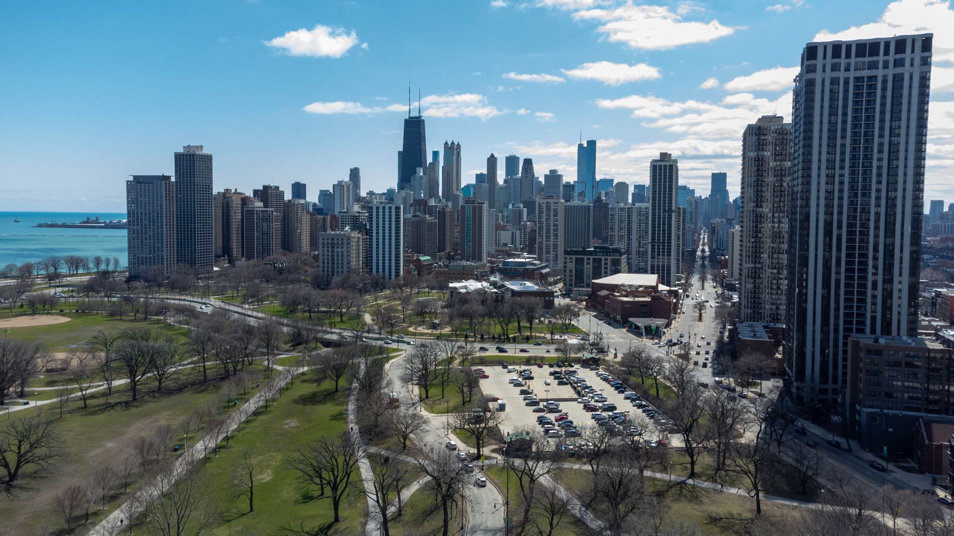 Lincoln park, facing downtown, in Chicago, IL on 4-1-22.