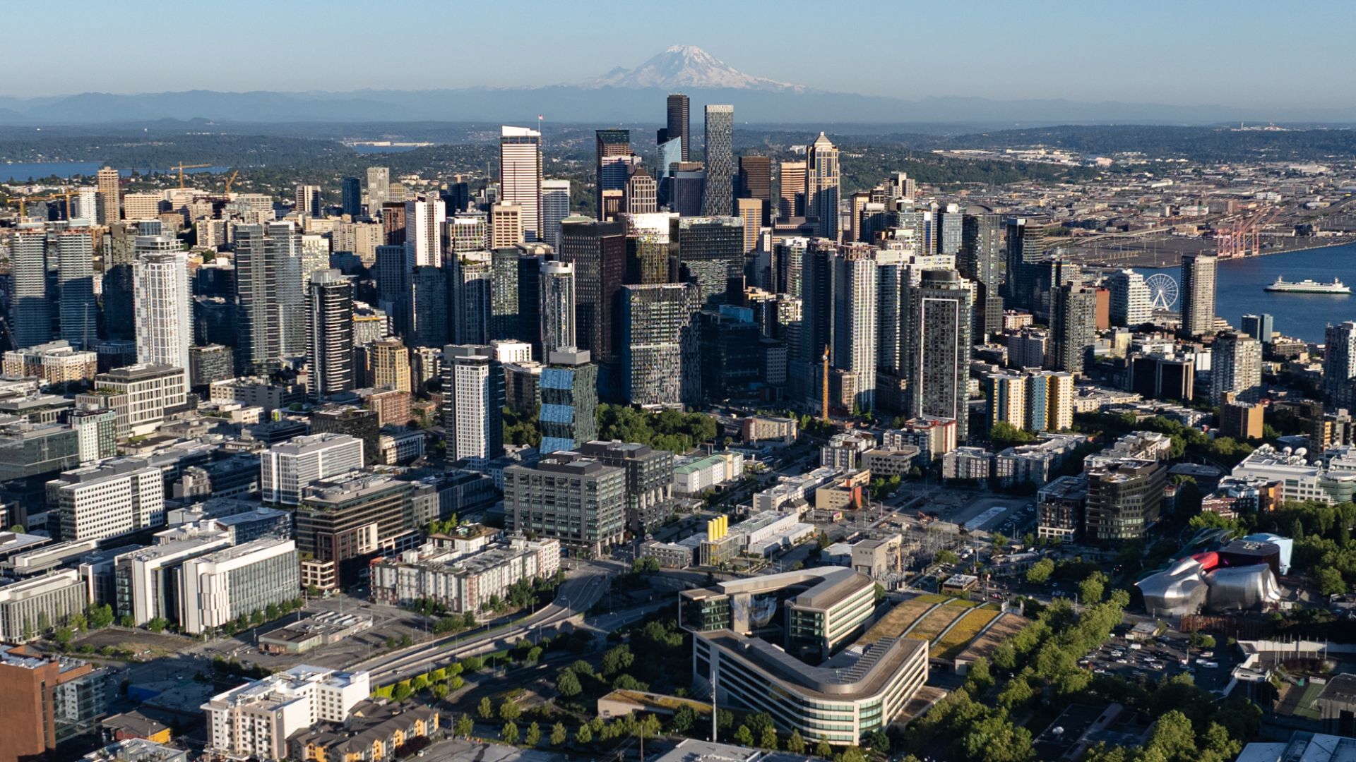 Drone photo of Downtown Seattle, as seen from above Queen Anne Hill