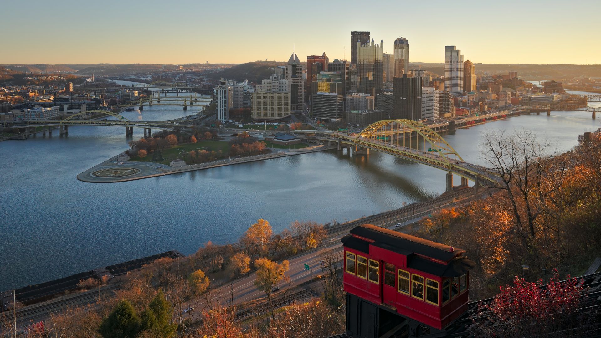 This is a classic composition viewed from the observation deck on at the top station of the Duquesne Incline in Pittsburgh. The Duquesne Incline is one of two surviving inclines in Pittsburgh, the other being the Monongahela Incline.
