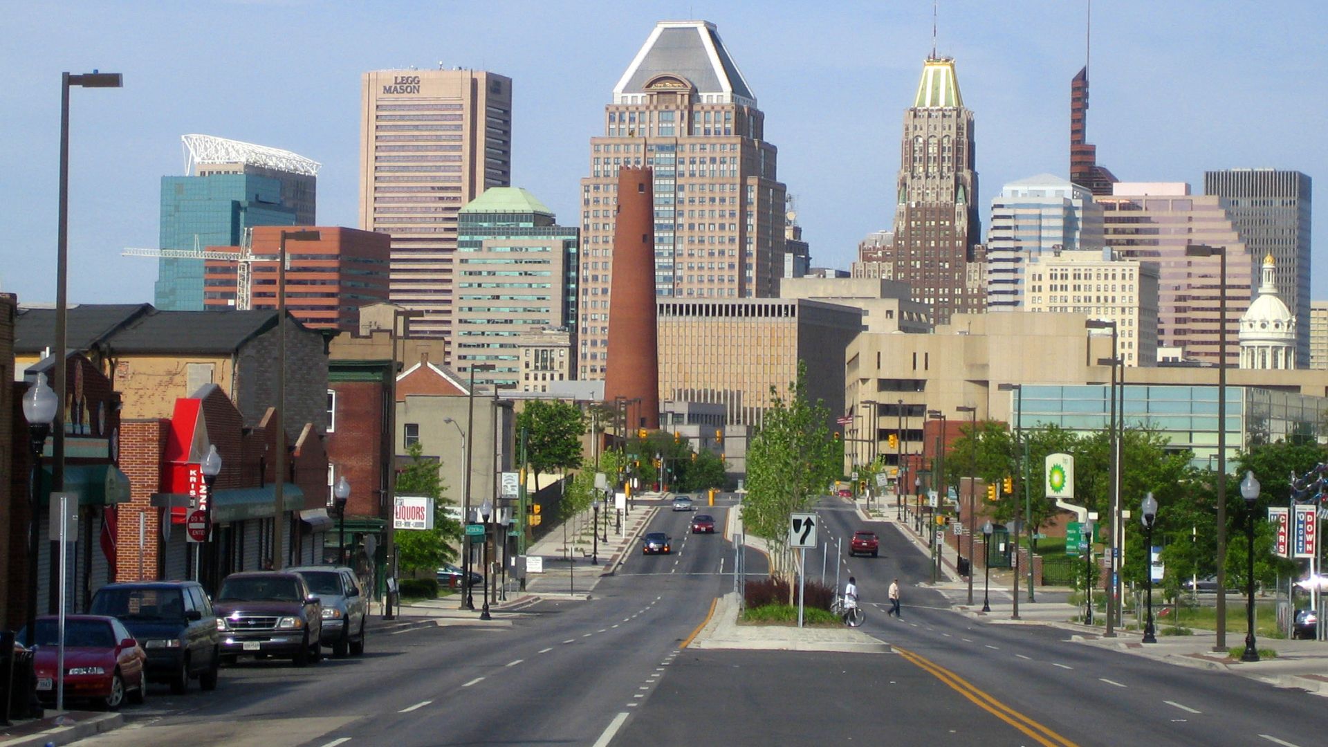 A view of Downtown Baltimore from the East, on Fayette St. The intersection in the distance is where Fayette St. crosses President St., which becomes the Jones Falls Expressway on the opposite side of the intersection.
