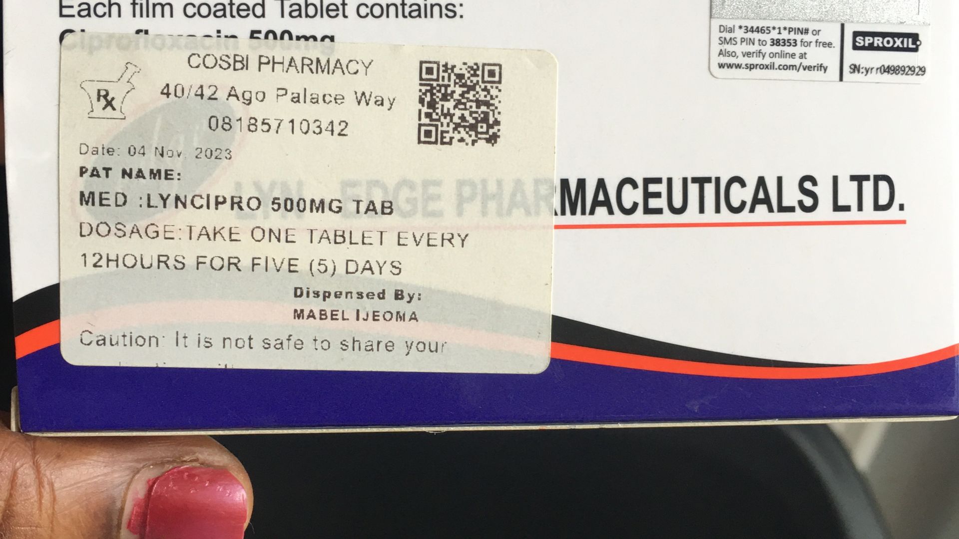 Prescription pasted on a pack of drug