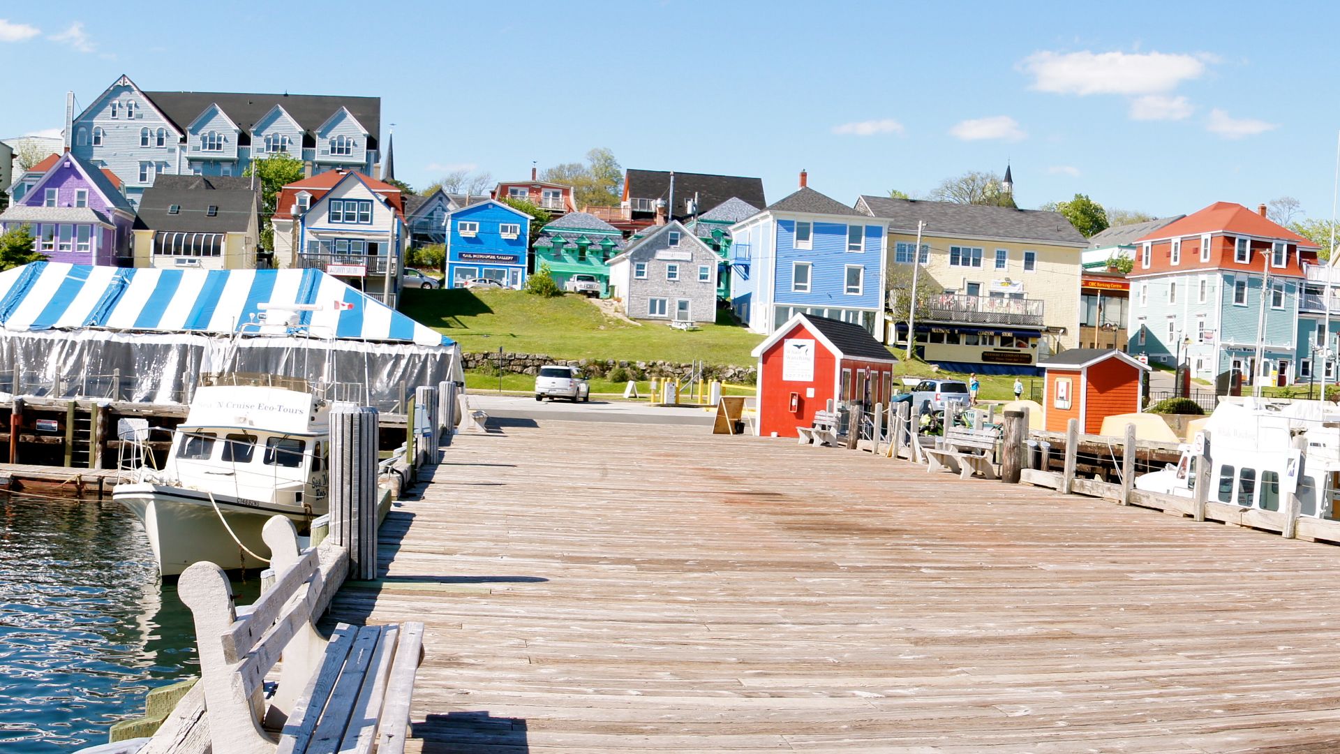 Looking from the waterfront at the businesses along Montague Street in the the town of Lunenburg, founded by German settlers in 1753.