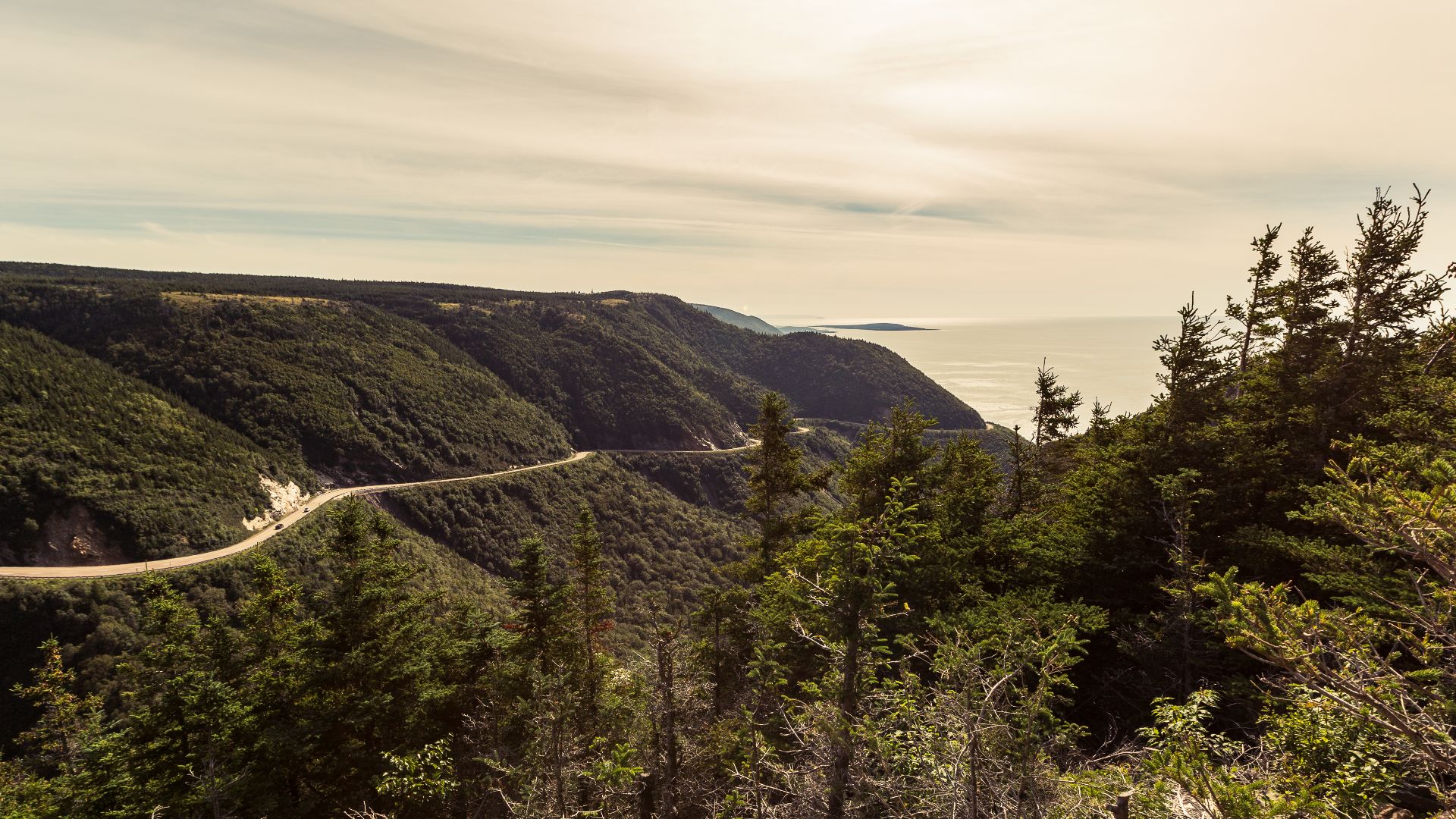 The Cabot Trail wraps around mountains along the shores of Cape Breton Island and Cape Breton Highlands National Park in Nova Scotia, Canada, as viewed from the Skyline Trail.
