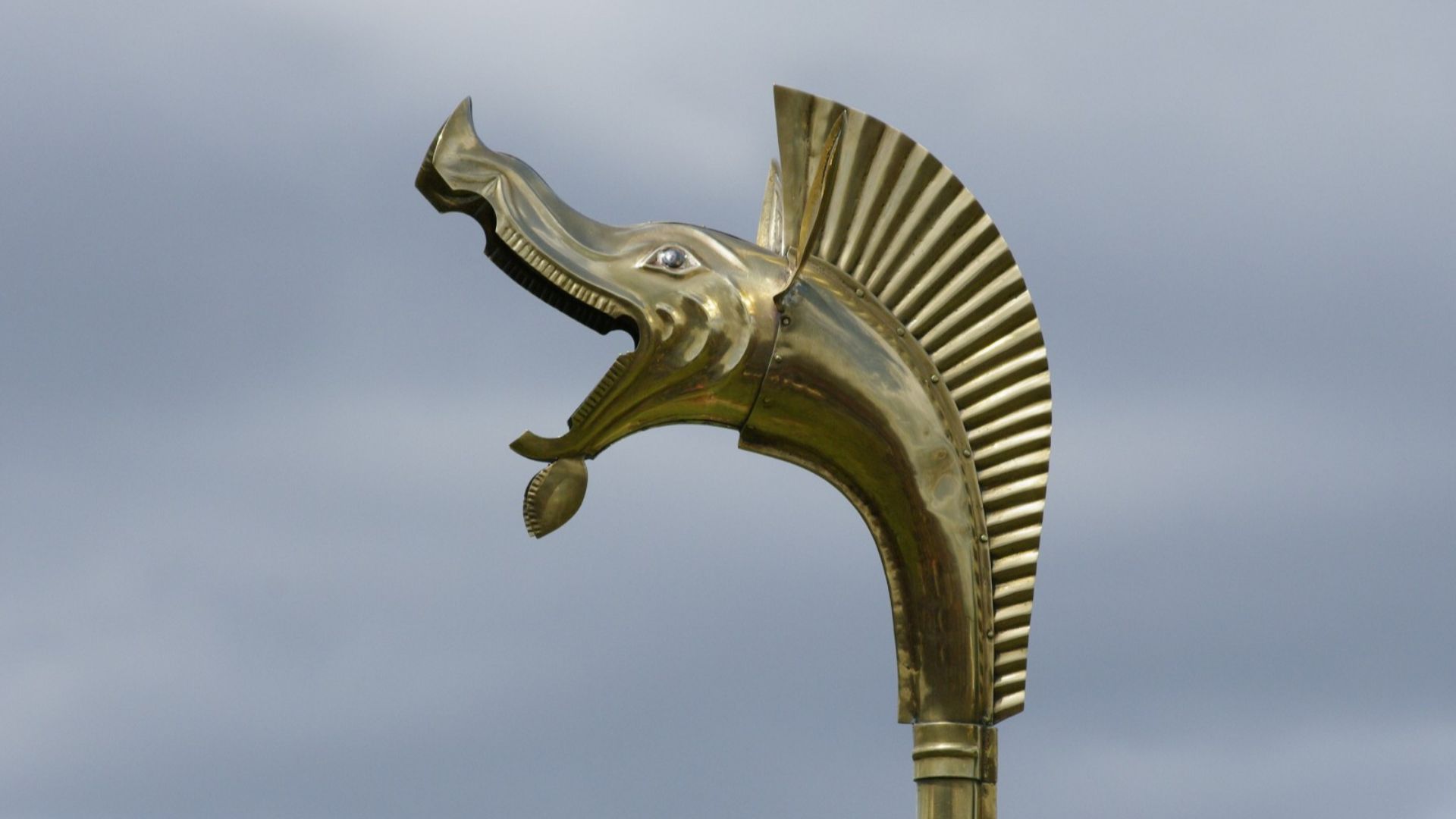 Detail of a Celtic carnyx: upper part. Photograph taken during the 10th year of Arverniales on July 24, 2011 on the Gergovie plateau, Puy-de-Dôme.