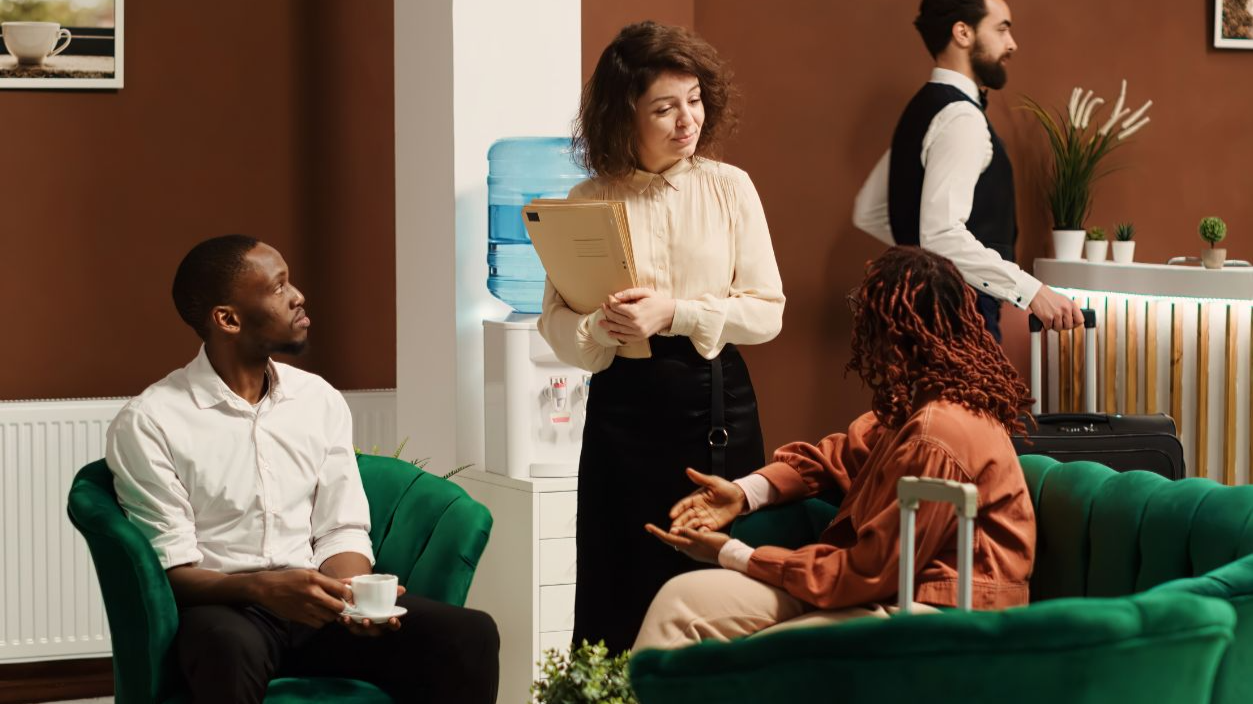 Shutterstock-2347233877, Hospitality manager upselling tourists, suggesting hotel extras and room upgrades, trying to accommodate any special request. Guests discussing booking options while being checked in