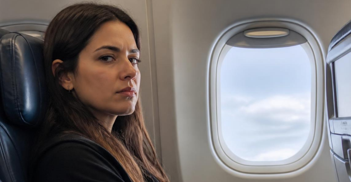 Displeased woman sitting on airplane.