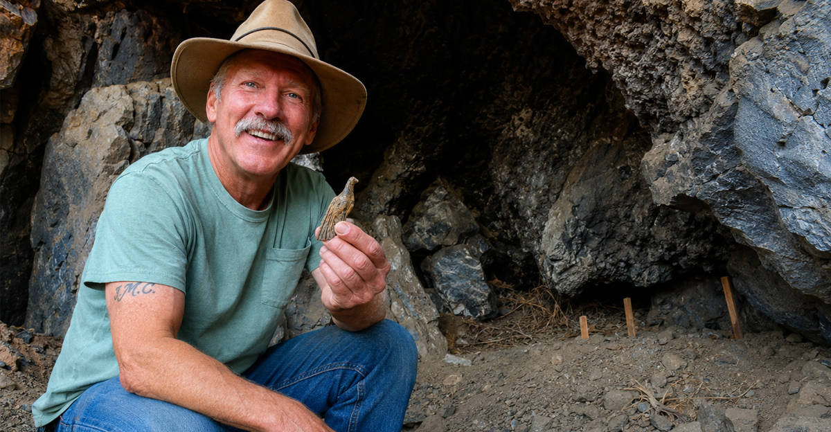 AI-generated image of a man holding a bird carving in a cave