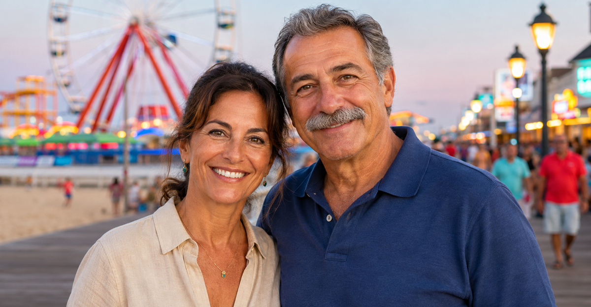 AI-generated image of older couple standing on boardwalk