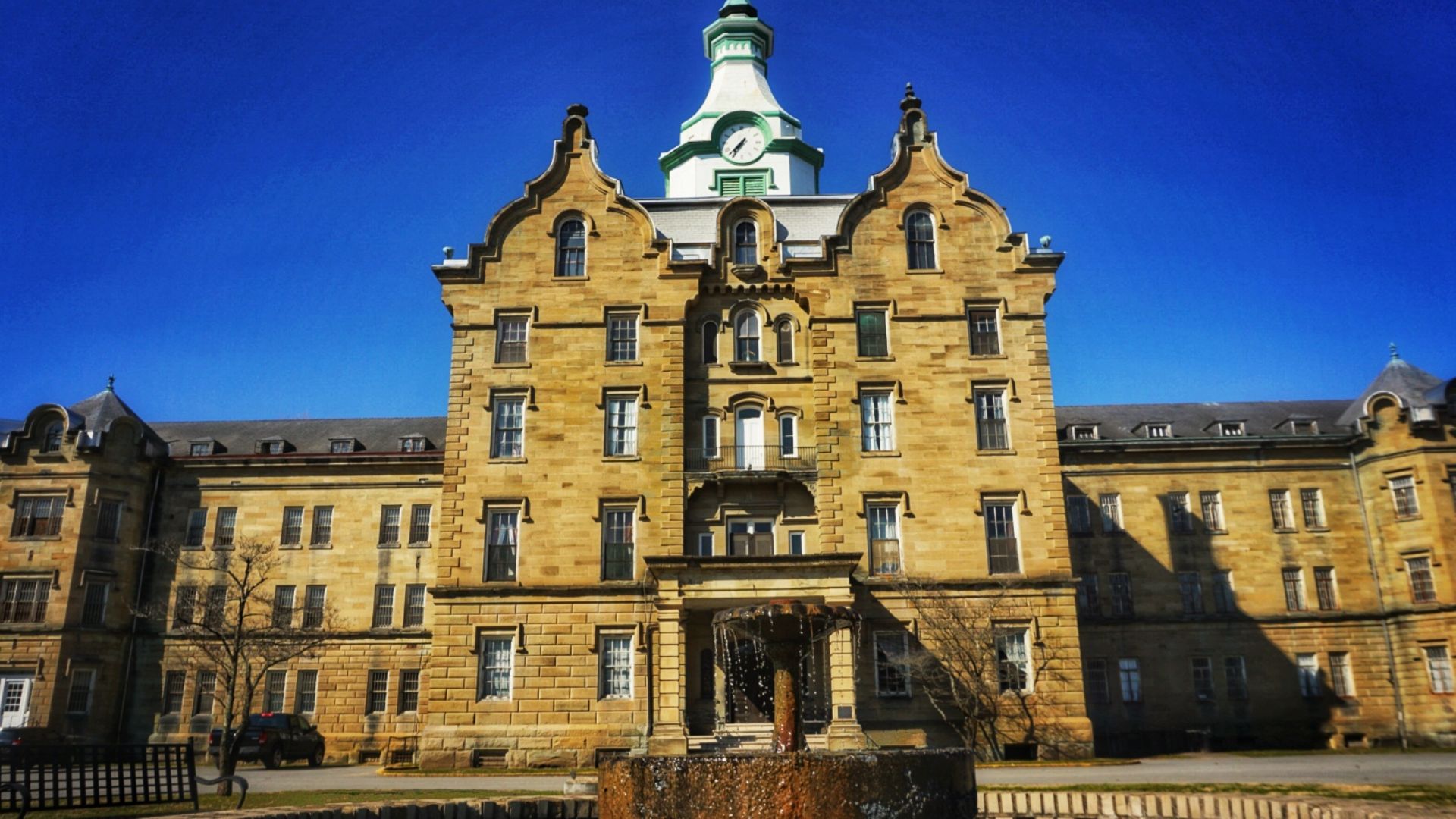 2019 face image of Weston State Hospital (aka Trans-Allegheny Lunatic Asylum) that is located in Weston, Wv and was finished in 1881 and began accepting patients in 1864 during the Civil War