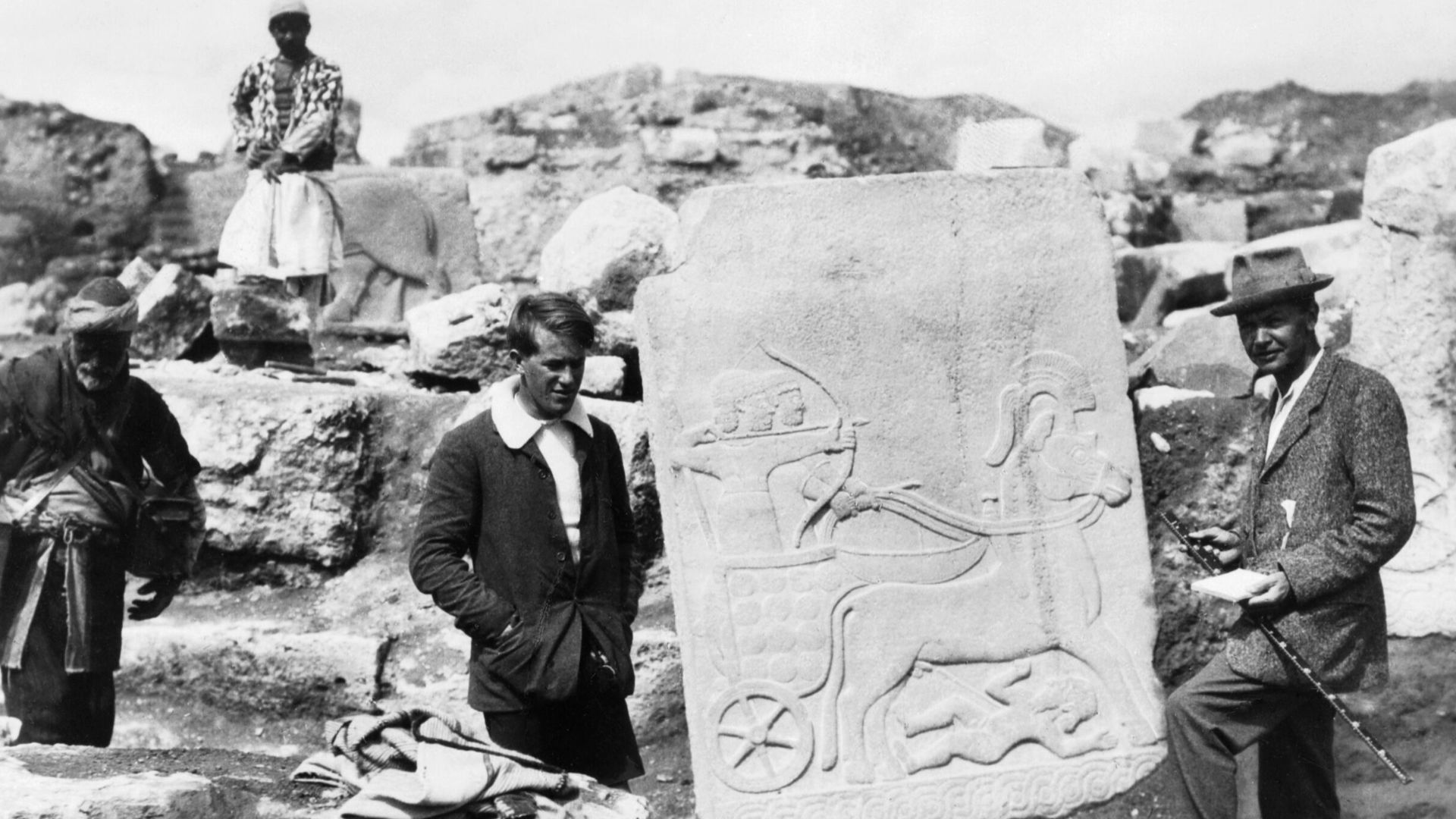 T E Lawrence (1888-1935)
T E Lawrence with Leonard Woolley, the archaeological director, with a Hittite slab on the excavation site at Carchemish near Aleppo, in 1913.
