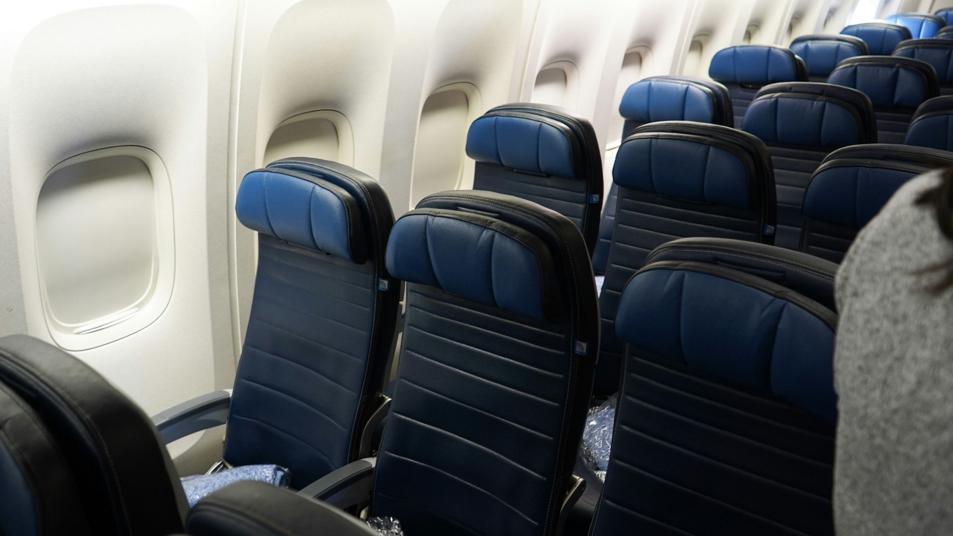 Rows of blue leather airplane seats inside a brightly lit aircraft cabin