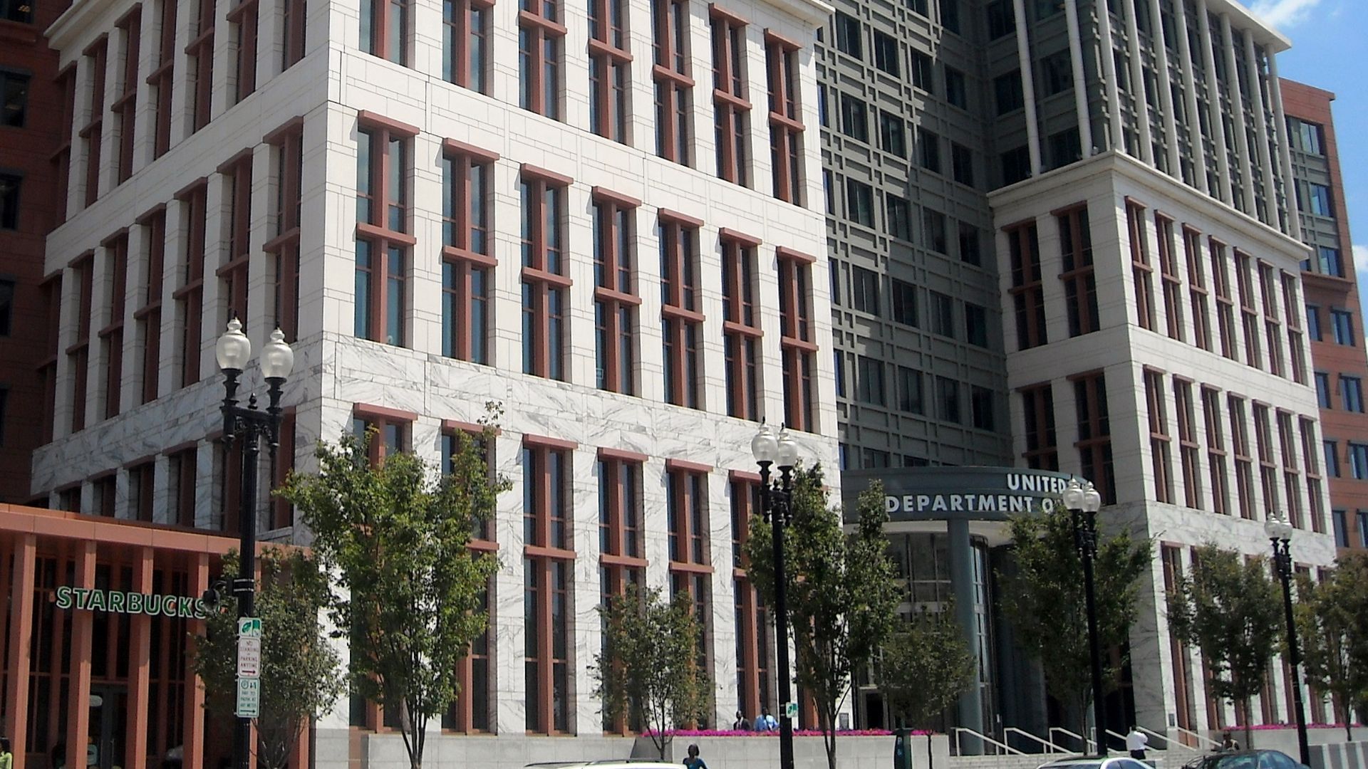 The entrance to the United States Department of Transportation headquarters (as viewed from the intersection of M Street and New Jersey Avenue, S.E.), located at 1200 New Jersey Avenue, S.E., in the Navy Yard neighborhood of Washington, D.C.