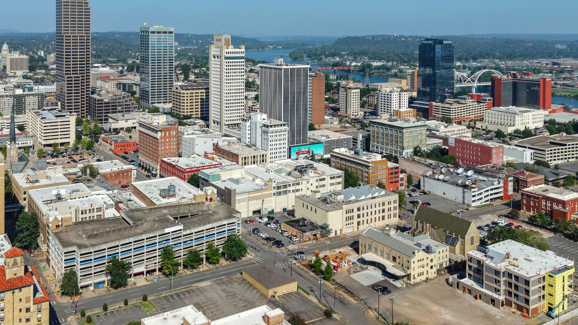 Aerial view of downtown Little Rock, Arkansas, a city of 202,591 people known as the state capital and a regional center for government, healthcare and finance.
