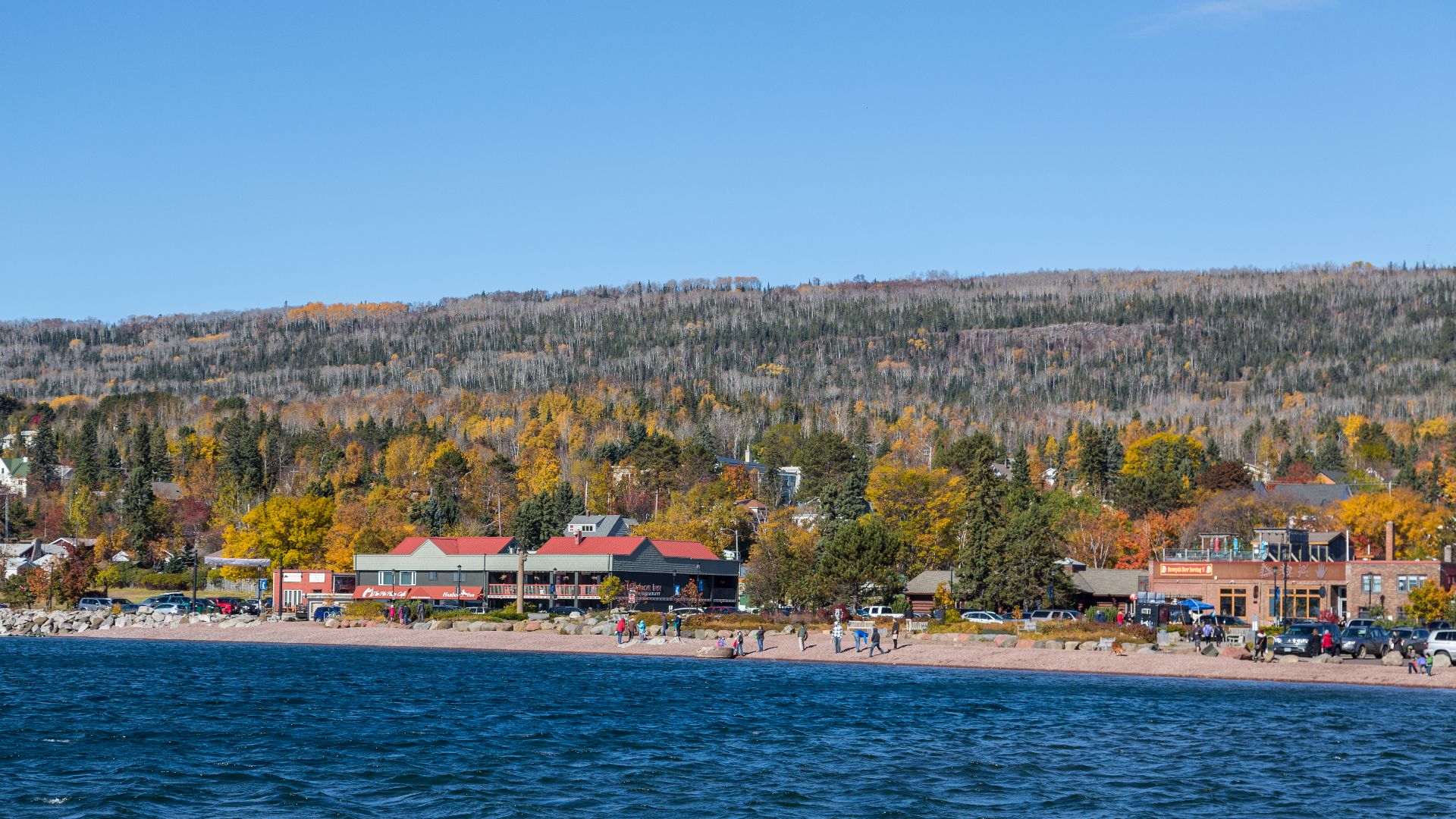 Lake Superior harbor and beach on brisk but sunny Friday in Grand Marais, Minnesota.