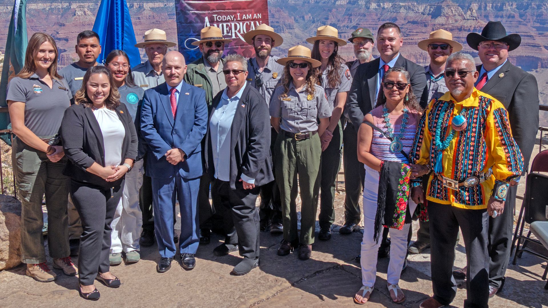 USCIS and park staff who assisted with planning and also participated in the naturalization ceremony, with Daryl and Shelley Stack, Zuni Tribal Members.
On Friday, September 12, 2025, the breathtaking backdrop of Grand Canyon National Park’s Mather Amphit