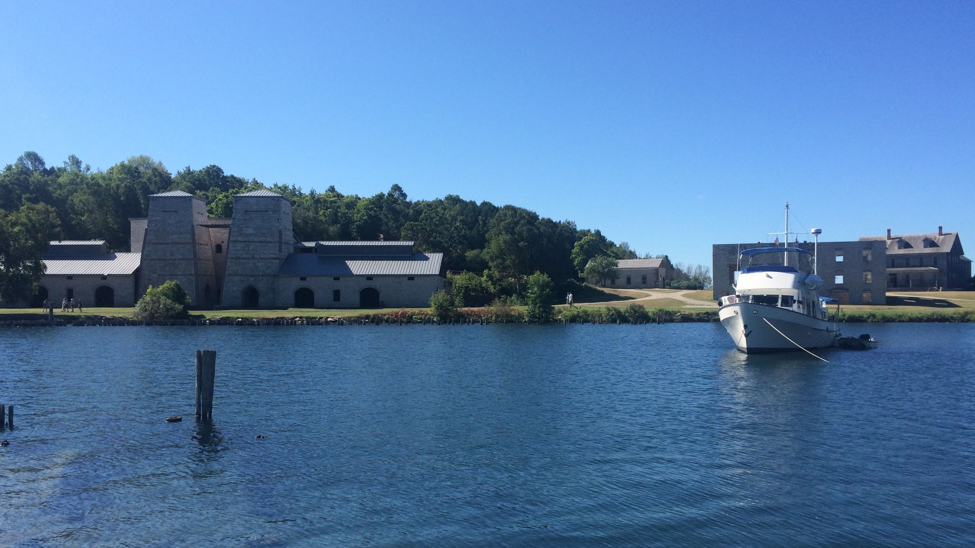 A view of the blast furnace complex at Fayette Historic State Park, seen from across Snail Shell Harbor