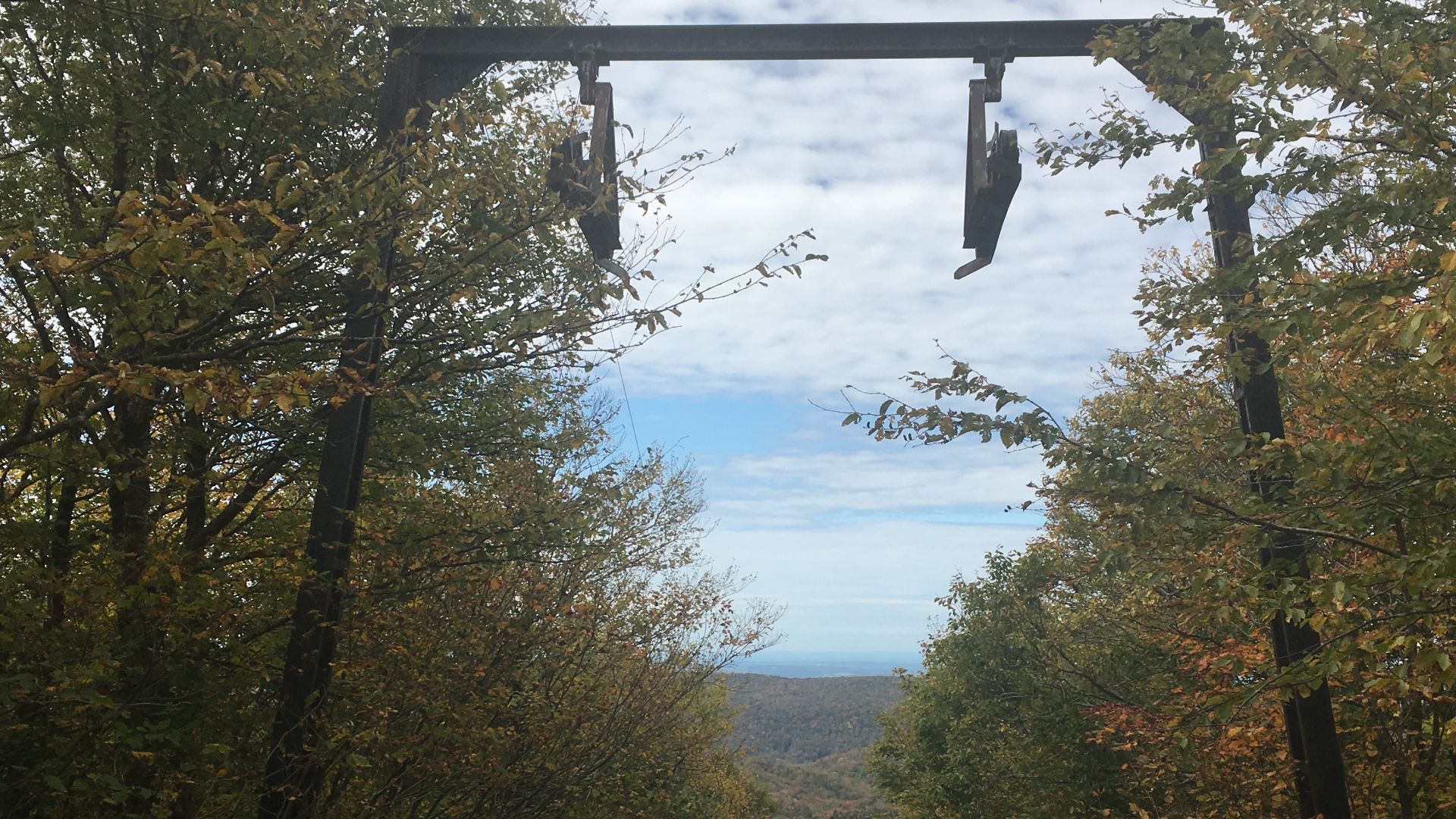 Looking through the T-Bar structure North toward Glastenbury Peak from the summit of Prospect Mountain, Vermont.