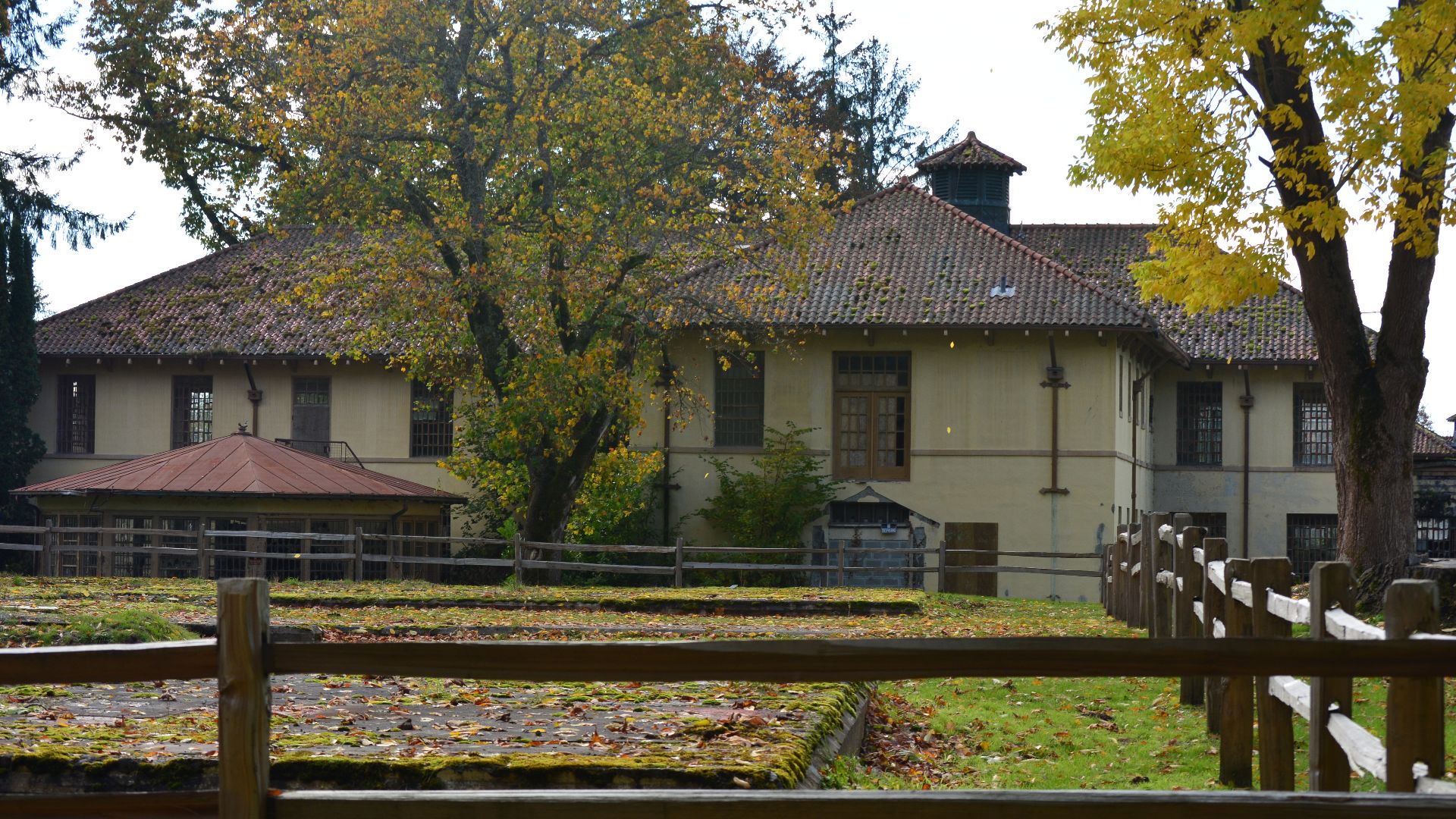 Looking across former site of Wards 6-9 to the semi-ruin of Wards 5 & 5A (one building) of Northern State Hospital, Sedro-Woolley, Washington.
