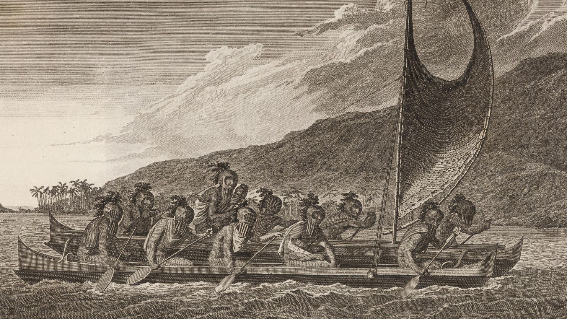 Priests traveling across Kealakekua bay for first contact rituals.  Each helmet is a gourd, with foliage and tapa strip decoration.  A feather surrounded akua is in the arms of the priest at the center of the engraving.  It is not known what the purpose o