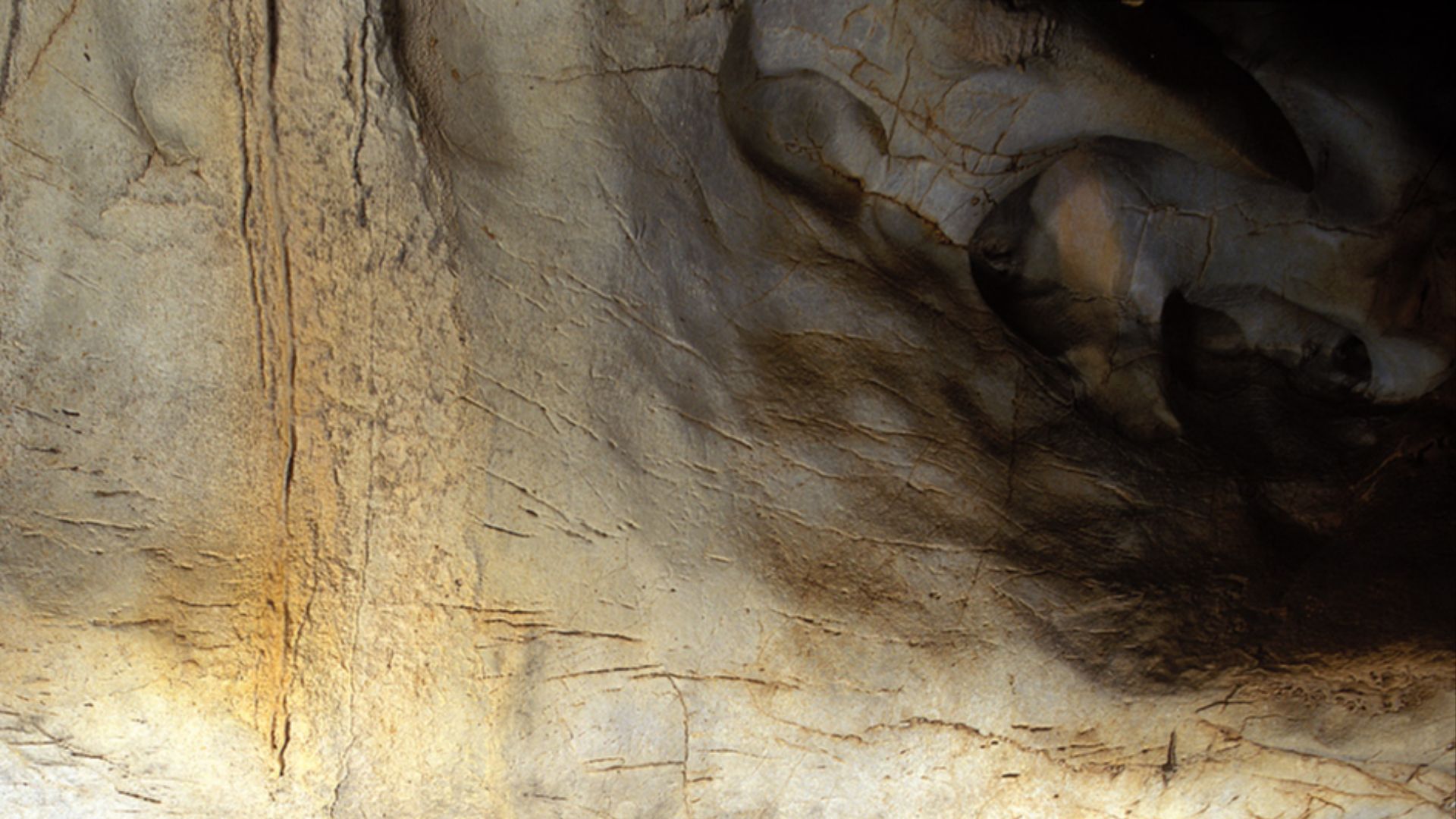 Interior de la Cueva del Castillo en Puente Viesgo, Cantabria (España). Se observan las pinturas prehistóricas del Paleolítico Superior.