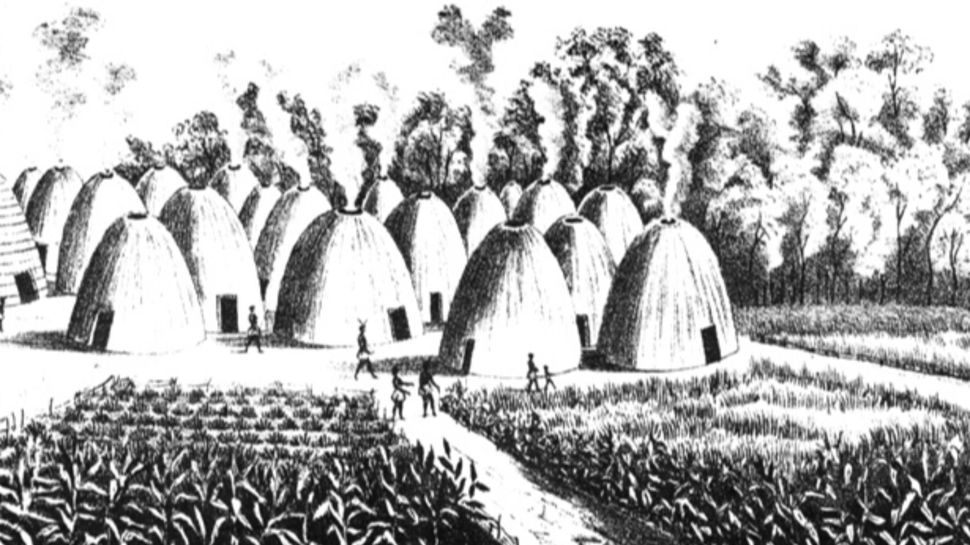 A lithograph of a Wichita Village, probably in Oklahoma, between 1850-1875