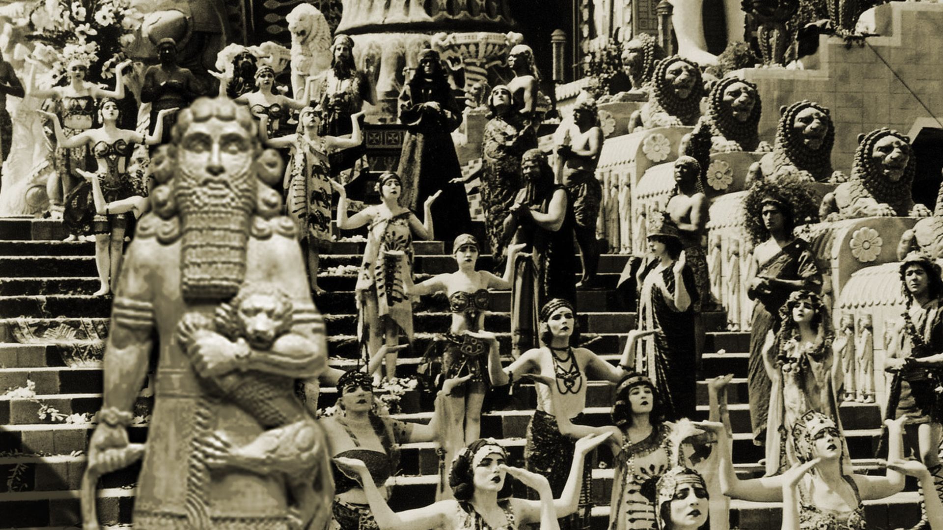 A representative sculpture of Gilgamesh on the steps of Babylon