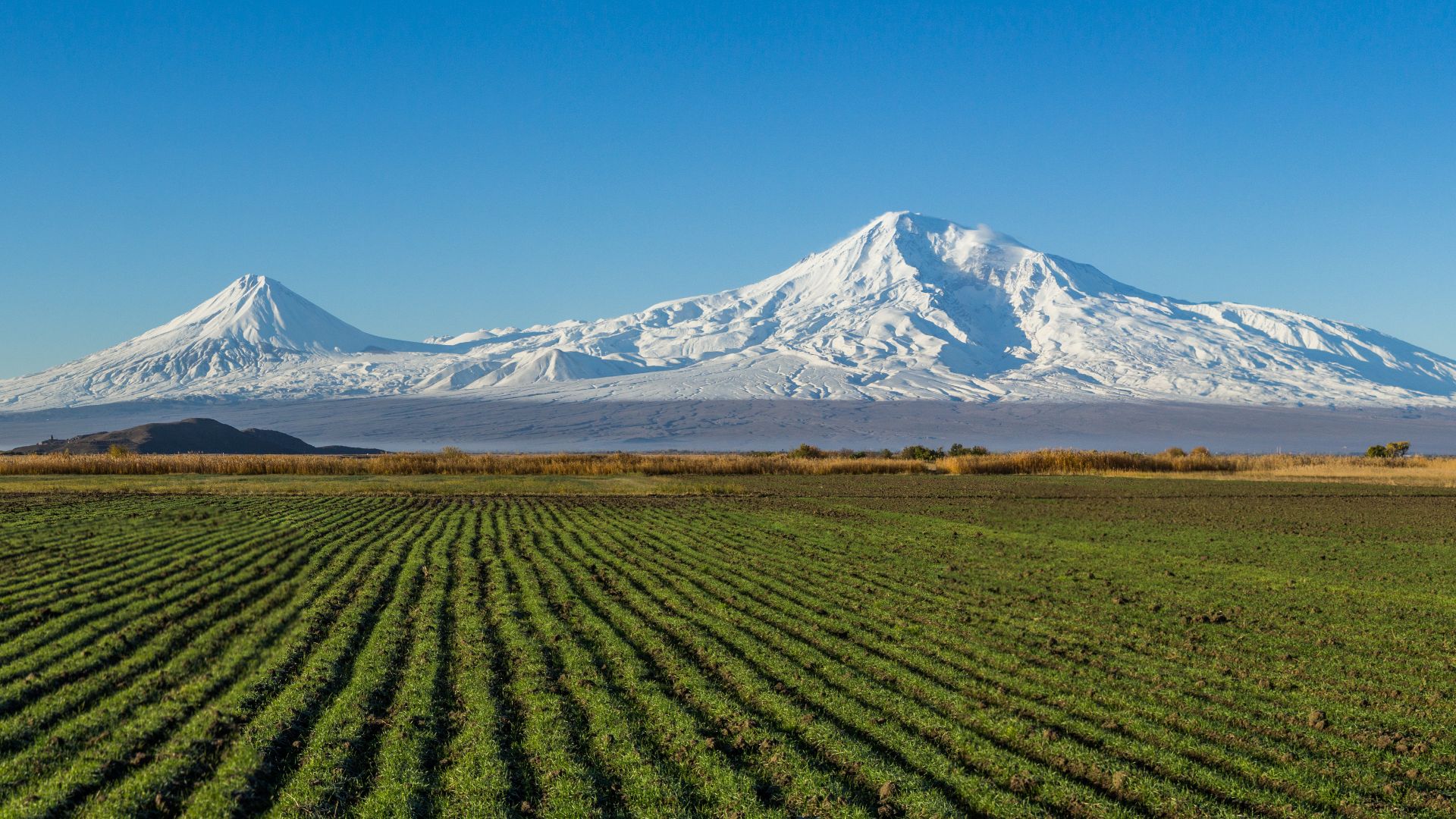 Mount Ararat and the Araratian plain seen early morning from near the city of  Artashat in Armenia. On the center left can be seen the historic Khor Virap monastery.  (stitched from four images)