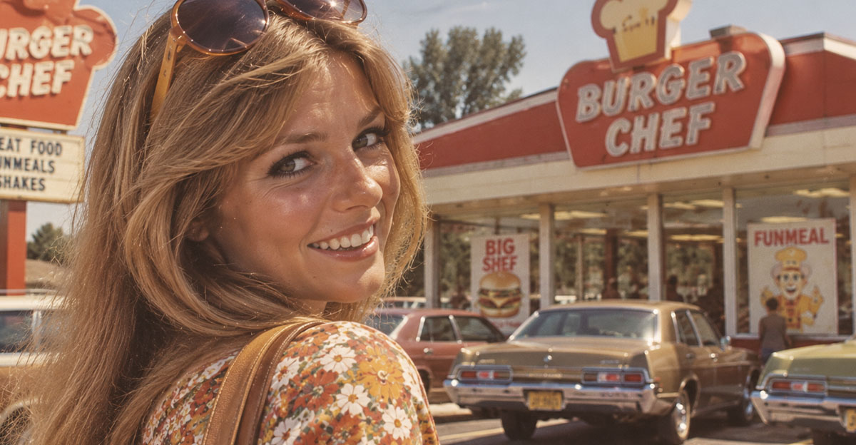 Woman standing in front of a fast food restaurant from the 70s