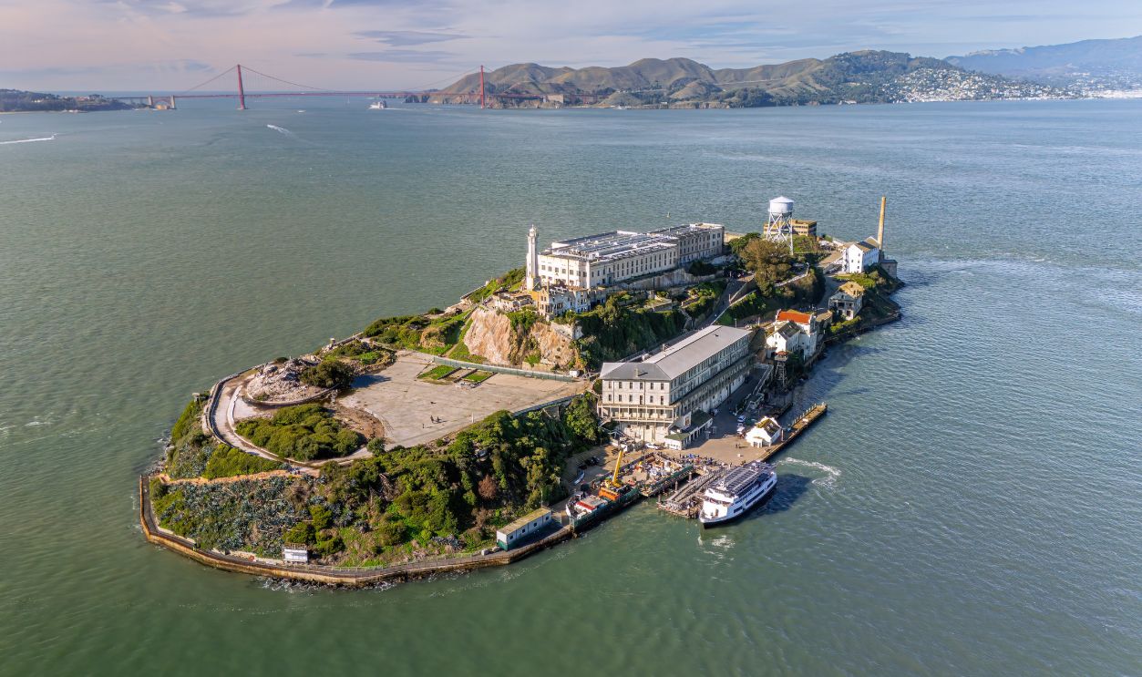 San Francisco, USA- January 3, 2025: Aerial view of Alcatraz Island. Alcatraz Island, also known as 'The Rock,' a rocky island in San Francisco Bay, off the coast of California, in the United States.