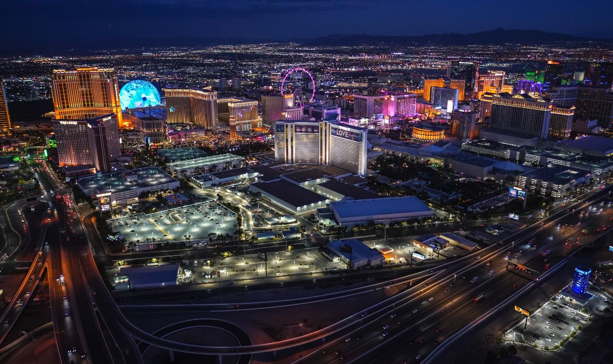 Las Vegas, United States - 01 October 2023: Aerial night flight in helicopter above Las Vegas strip.