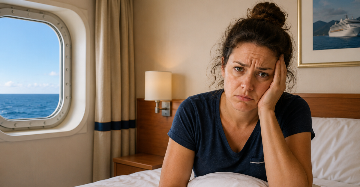 Unhappy woman sitting in cruise cabin.