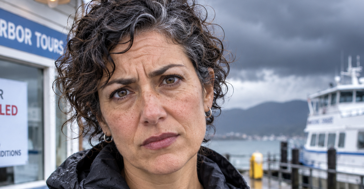Disappointed middle-aged woman with short curly hair. She's at a pier with a boat in the background but the tour is canceled.