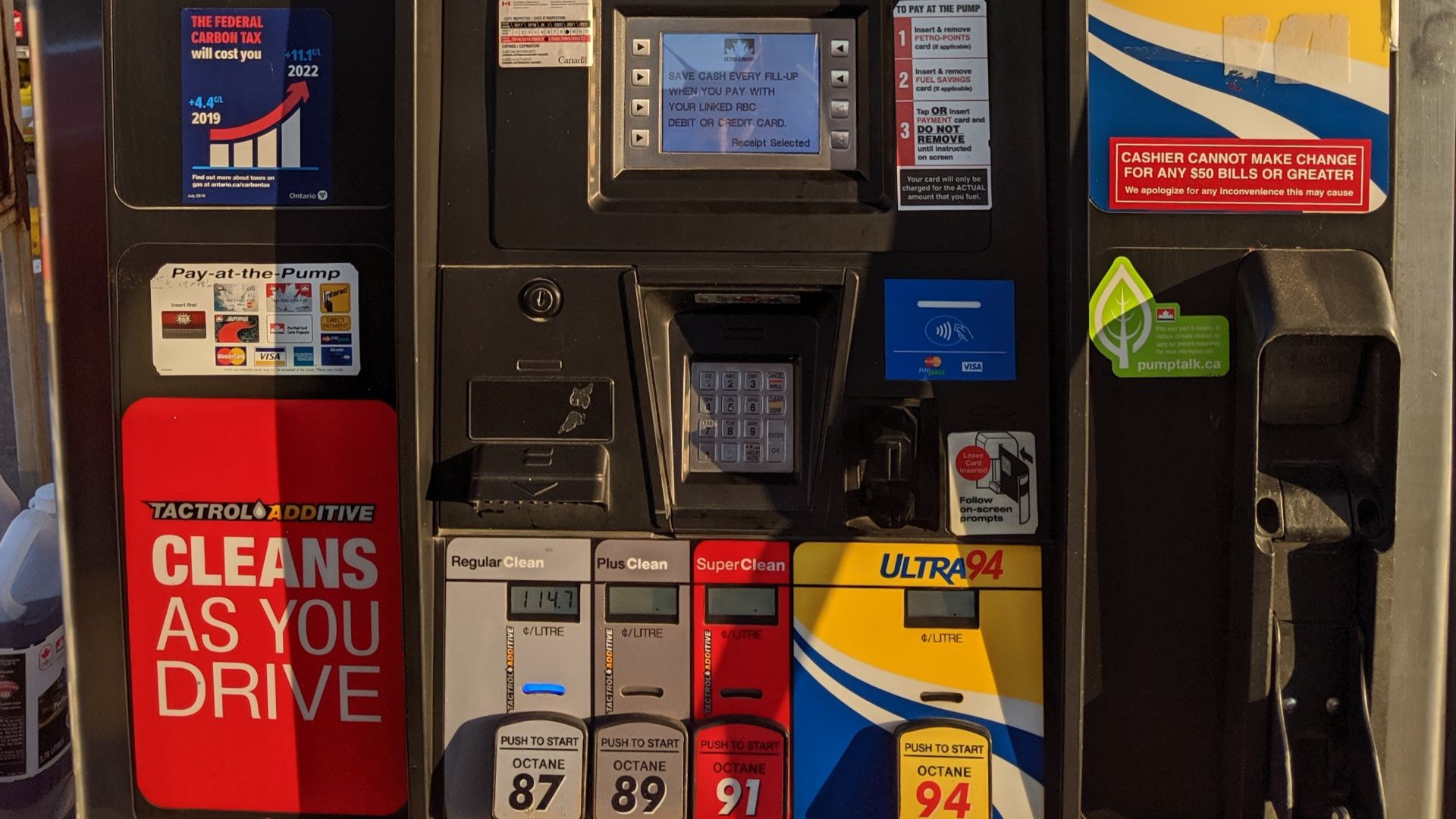 Carbon tax decal on a PetroCanada gas station. Burnhamthorpe Road and Hurontario Street, Mississauga.