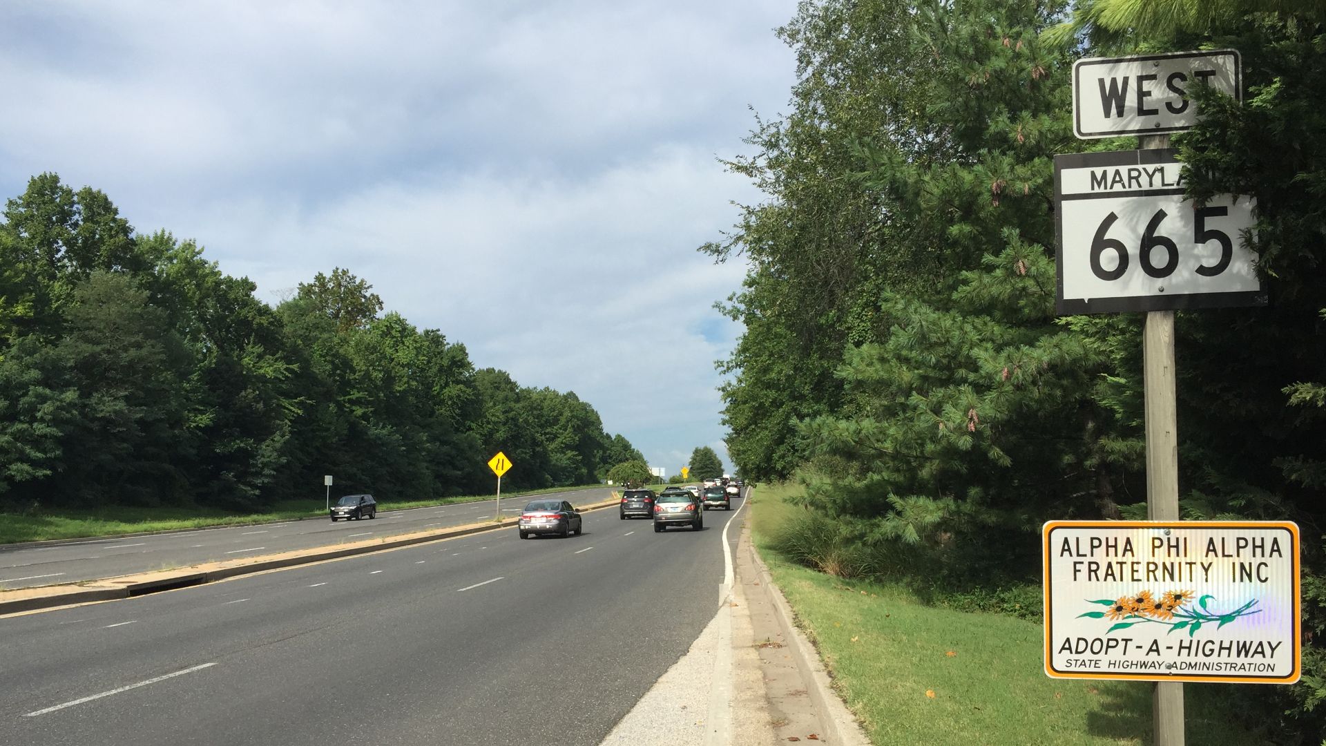 View west along Maryland State Route 665 (Aris T Allen Boulevard) at Chinquapin Round Road in Annapolis, Anne Arundel County, Maryland