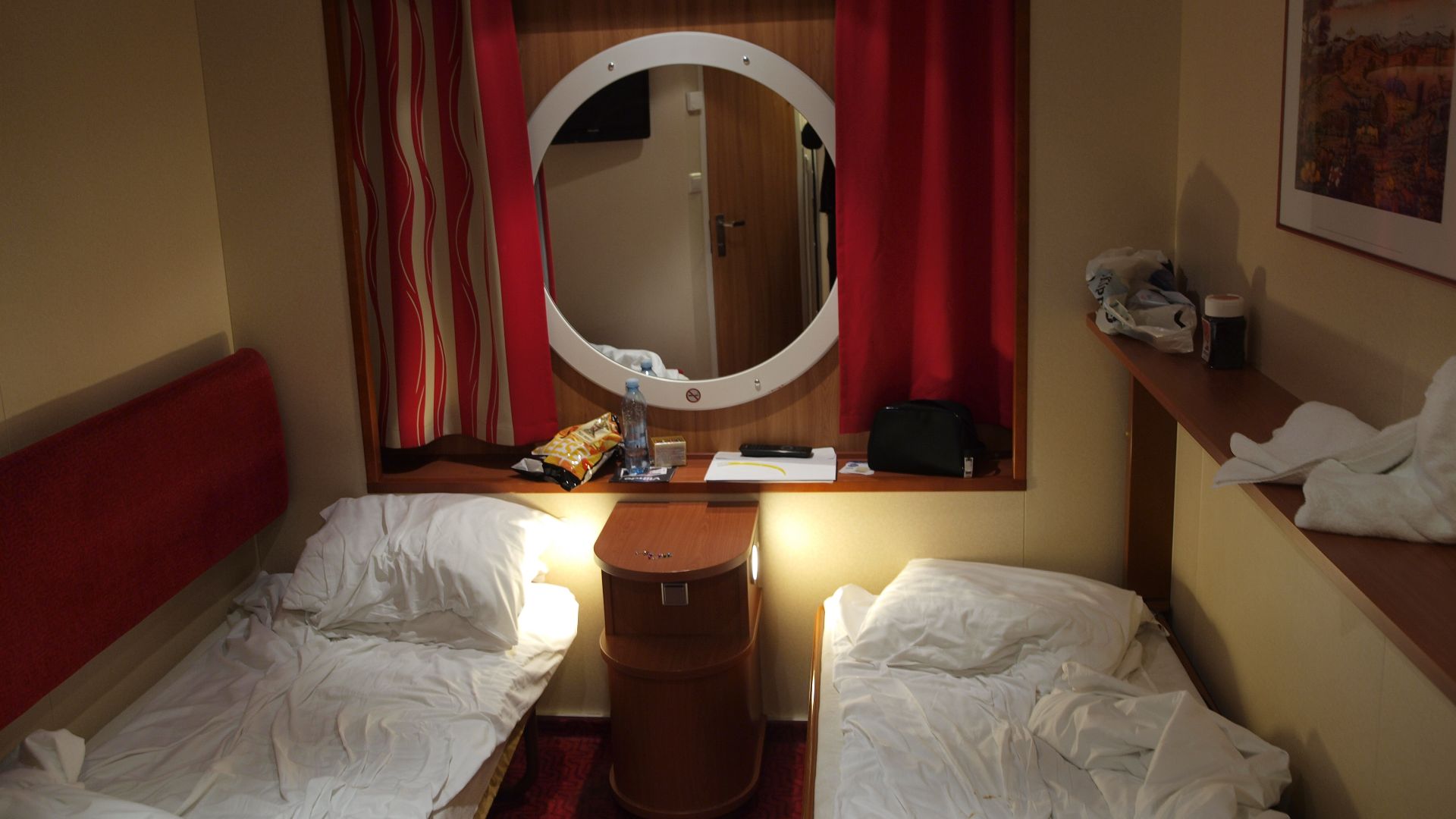 A cabin aboard the cruise ship Baltic Queen, travelling between Helsinki, Finland and Tallinn, Estonia.