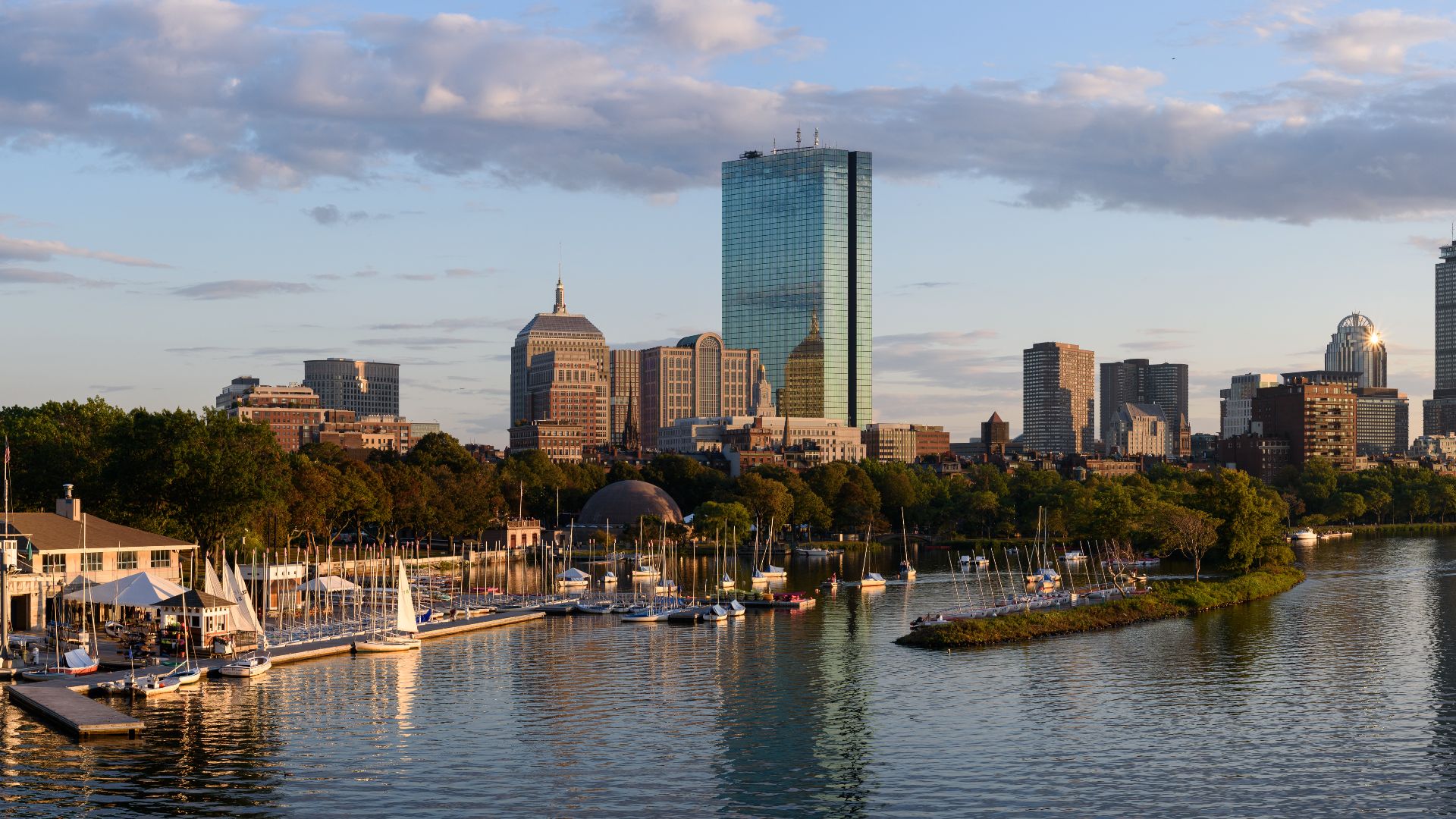 Two-segment panorama of Back Bay skyline from Longfellow Bridge, Boston.