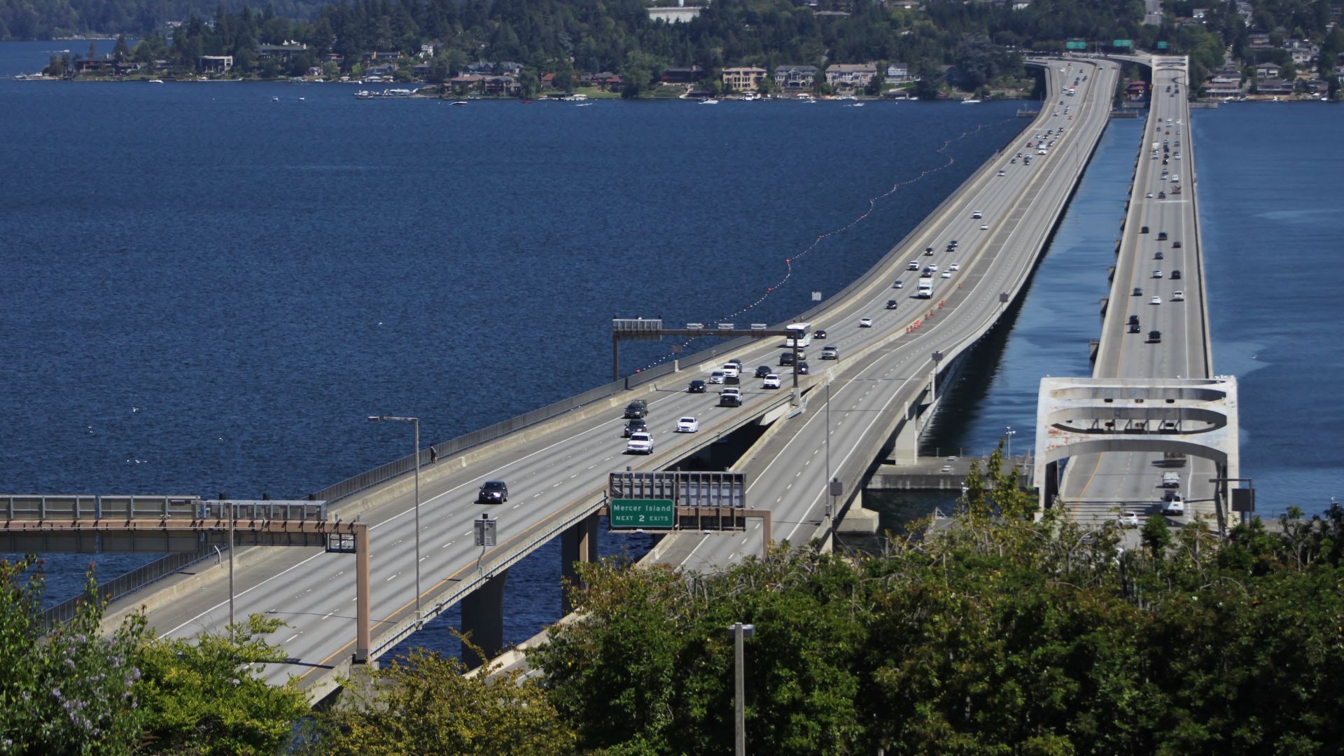 The Interstate 90 floating bridges over Lake Washington, viewed from the Seattle side shortly after re-opening to traffic following a Blue Angels performance.