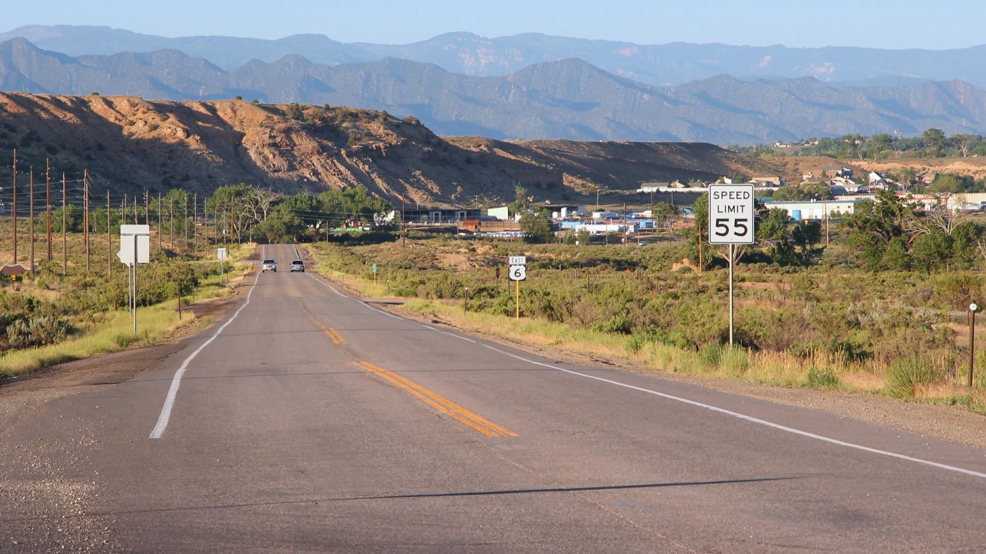 U.S. Route 6 in Garfield County, Colorado, United States. 55 mph speed limit sign.
